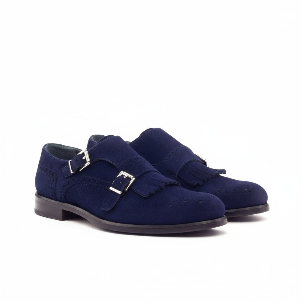 Pair of blue suede shoes from Susan Kiltie unisex Monk Strap collection