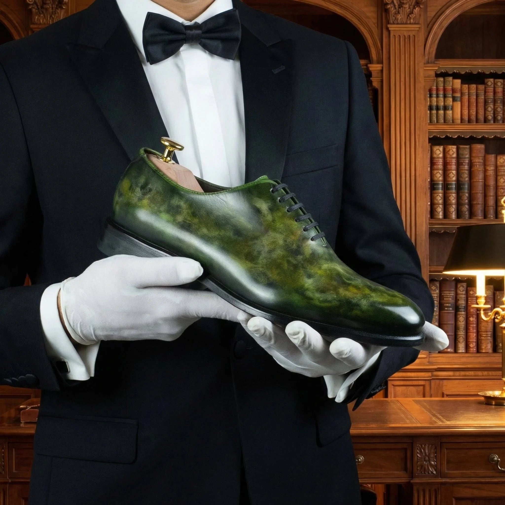 A polished green leather oxford shoe with marbled pattern and black laces from sylvan patina wholecut collection