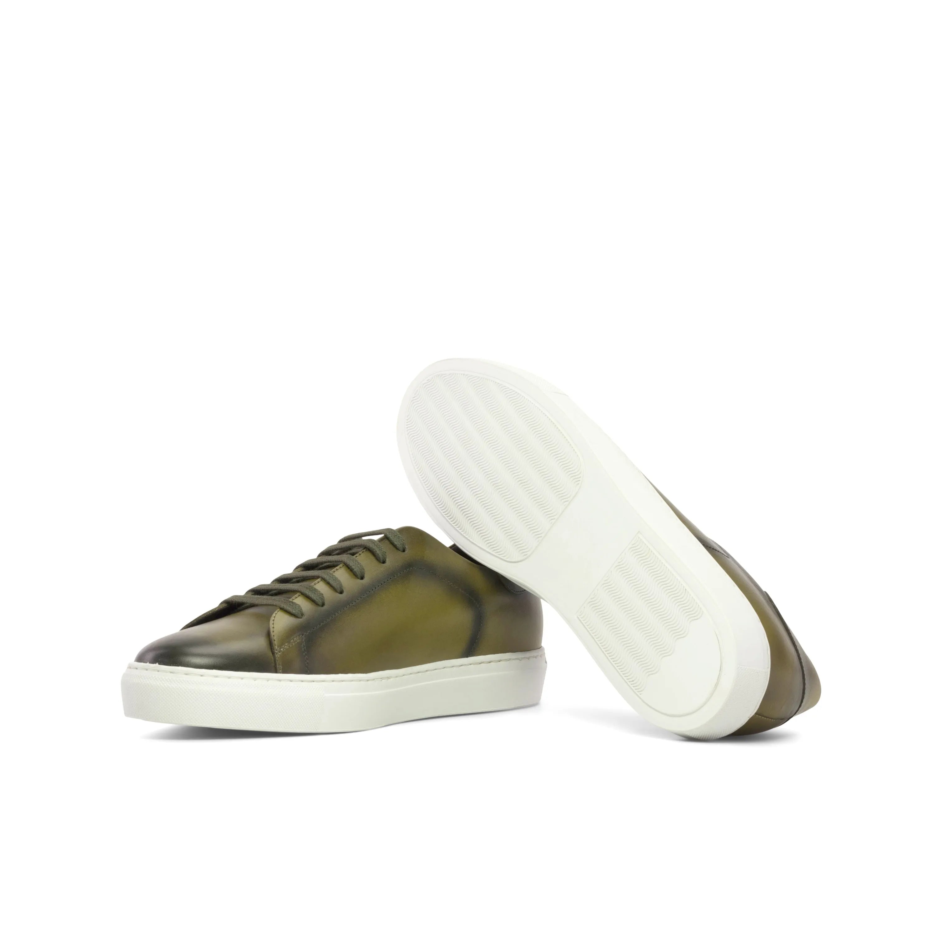 Olive green leather T1 Trainer Sneaker, a stylish cupsole trainer for the fast lane