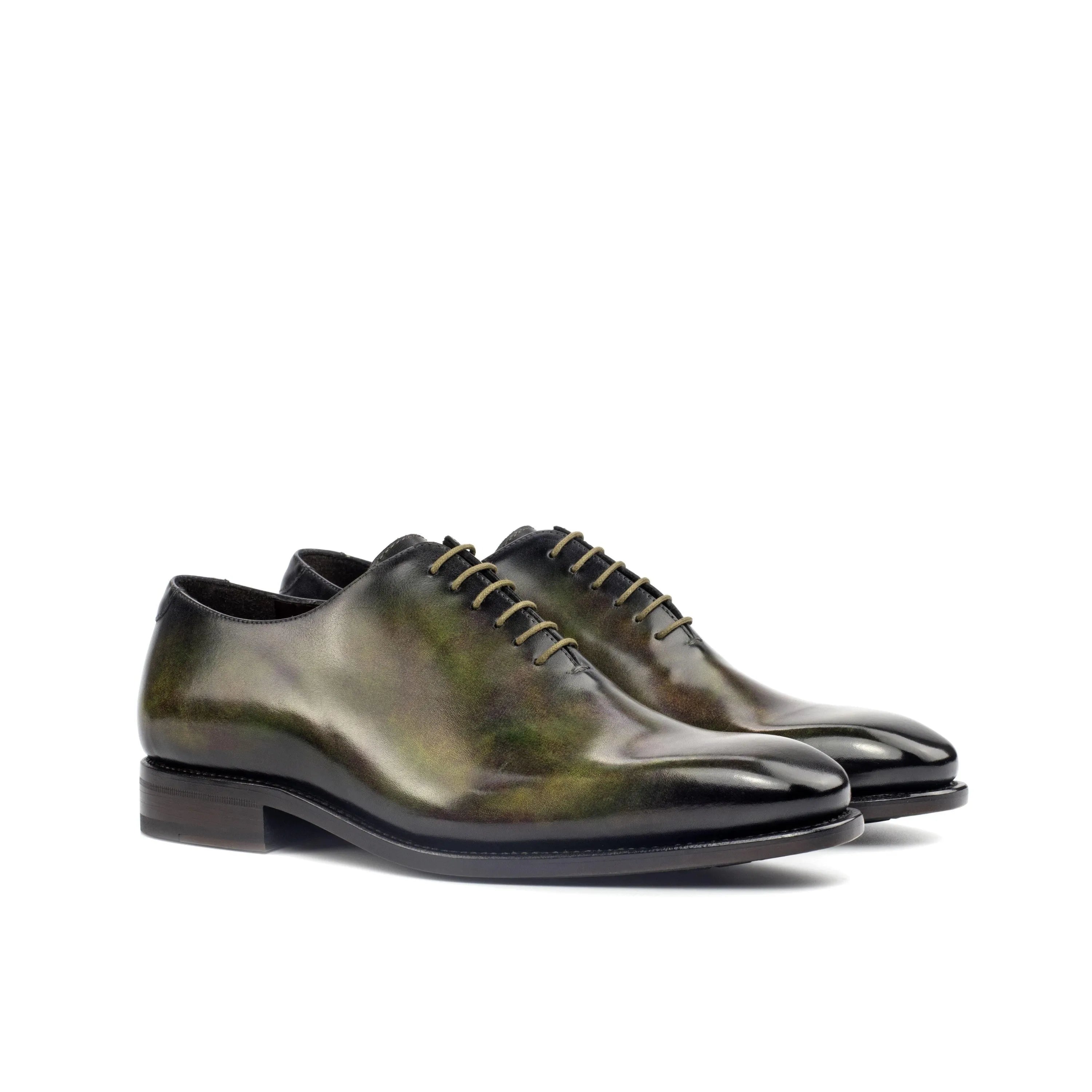 Green leather T5 Whole Cut Patina II shoes, luxury bespoke shoes for men