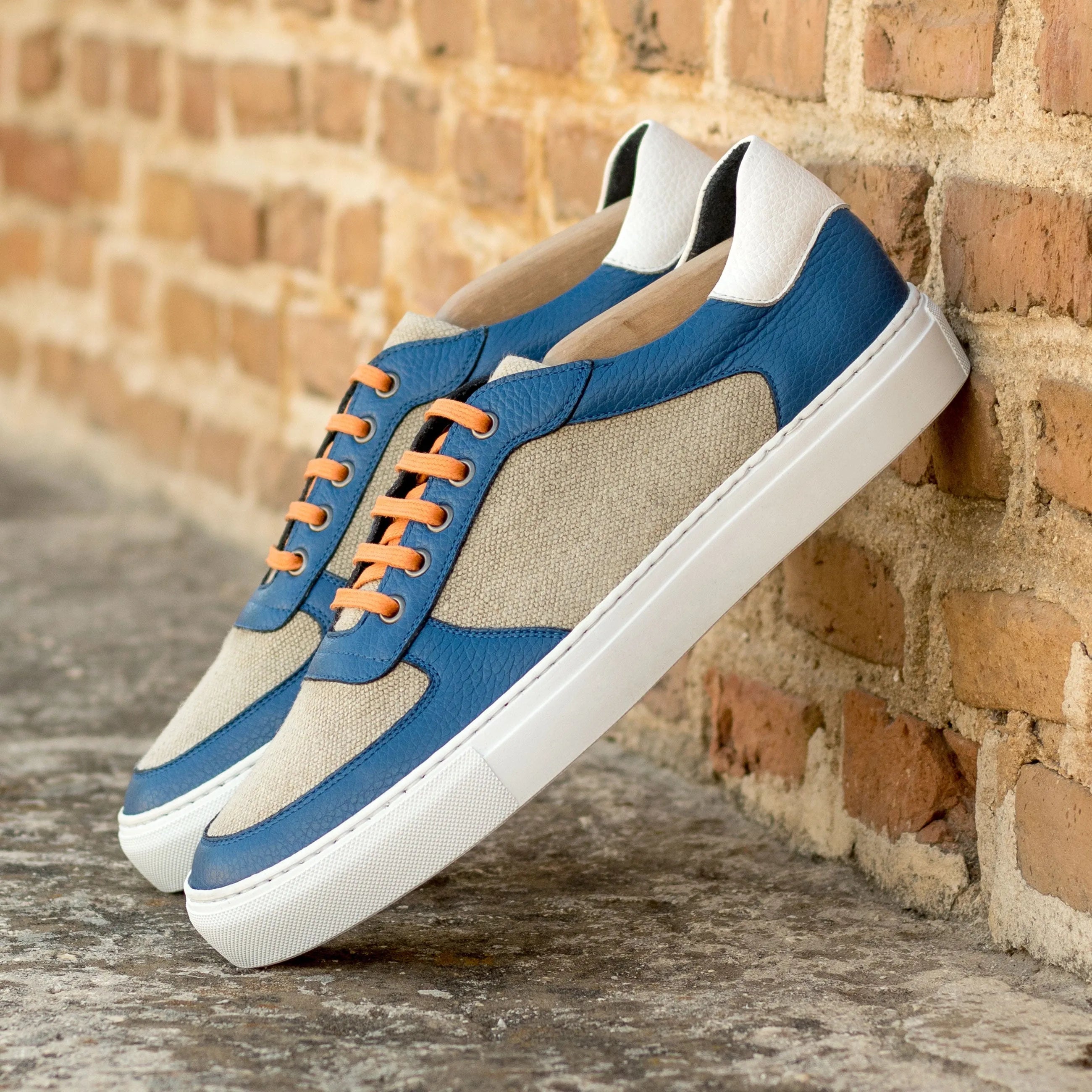 Blue and beige Talu Low Top Sneakers with orange laces, luxury bespoke shoes for men