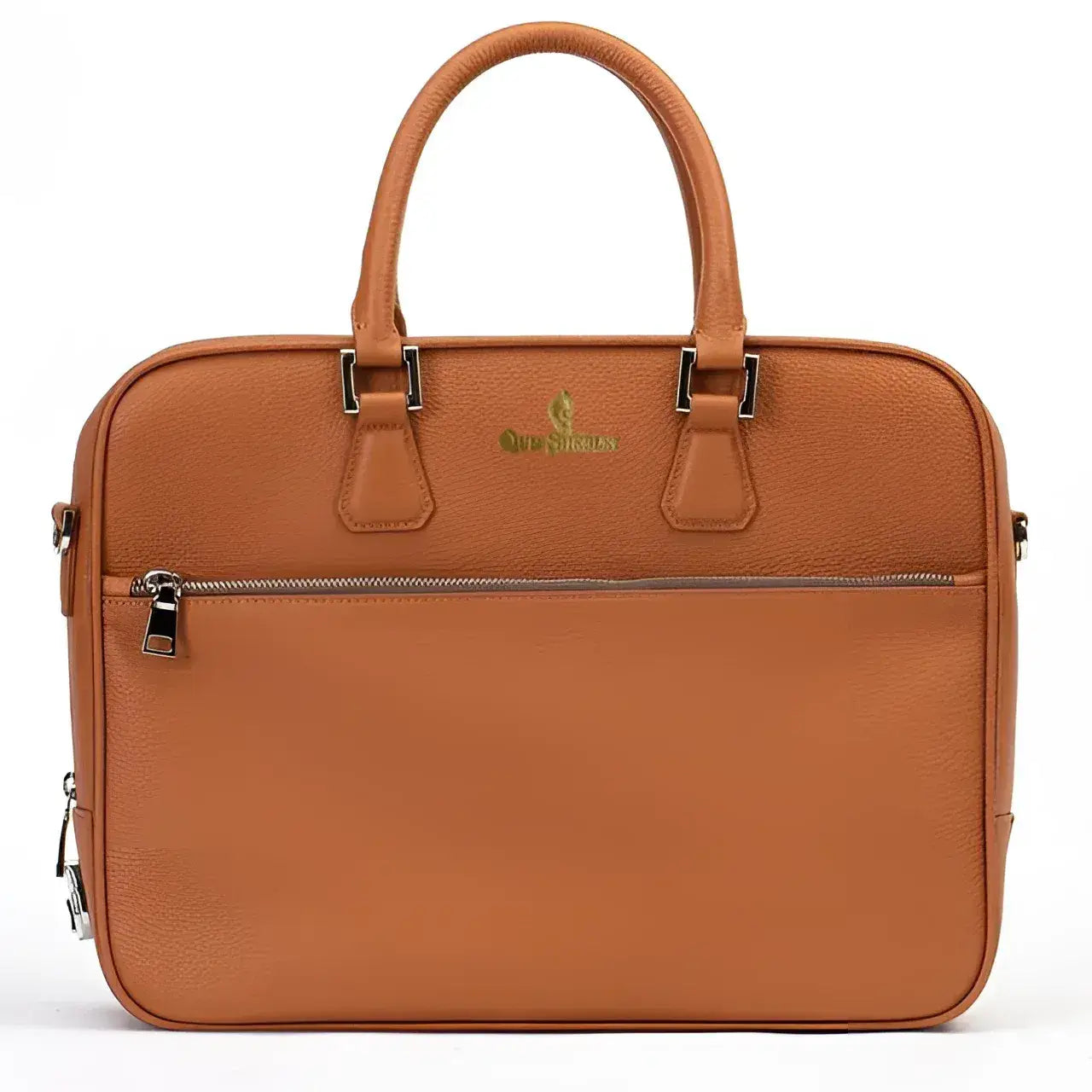 Tan leather Elandro satchel briefcase with bespoke patina finish
