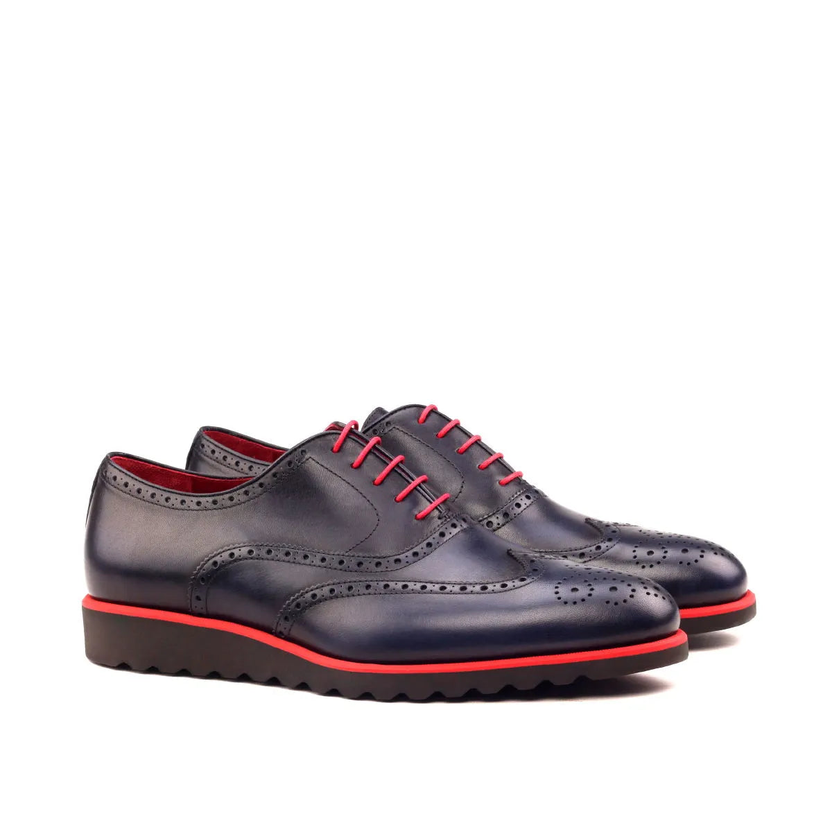 Blue leather brogue shoes with red accents and rounded toe, Taycan Full Brogue Shoes II