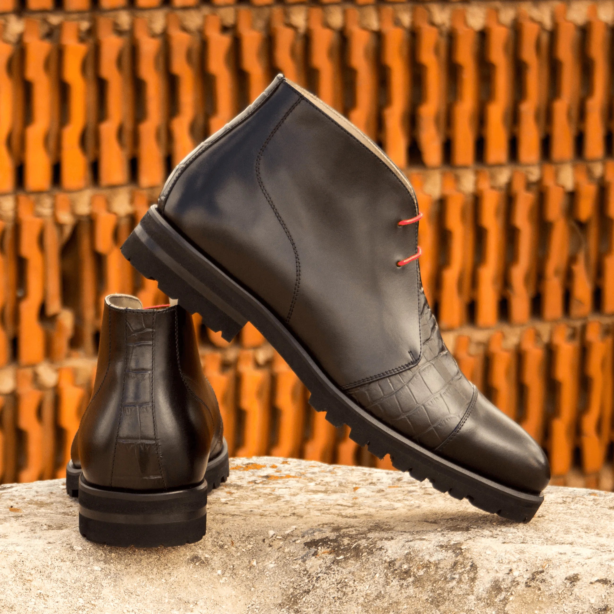 Black leather ankle boots from Tennes Chukkas, luxury bespoke shoes for men