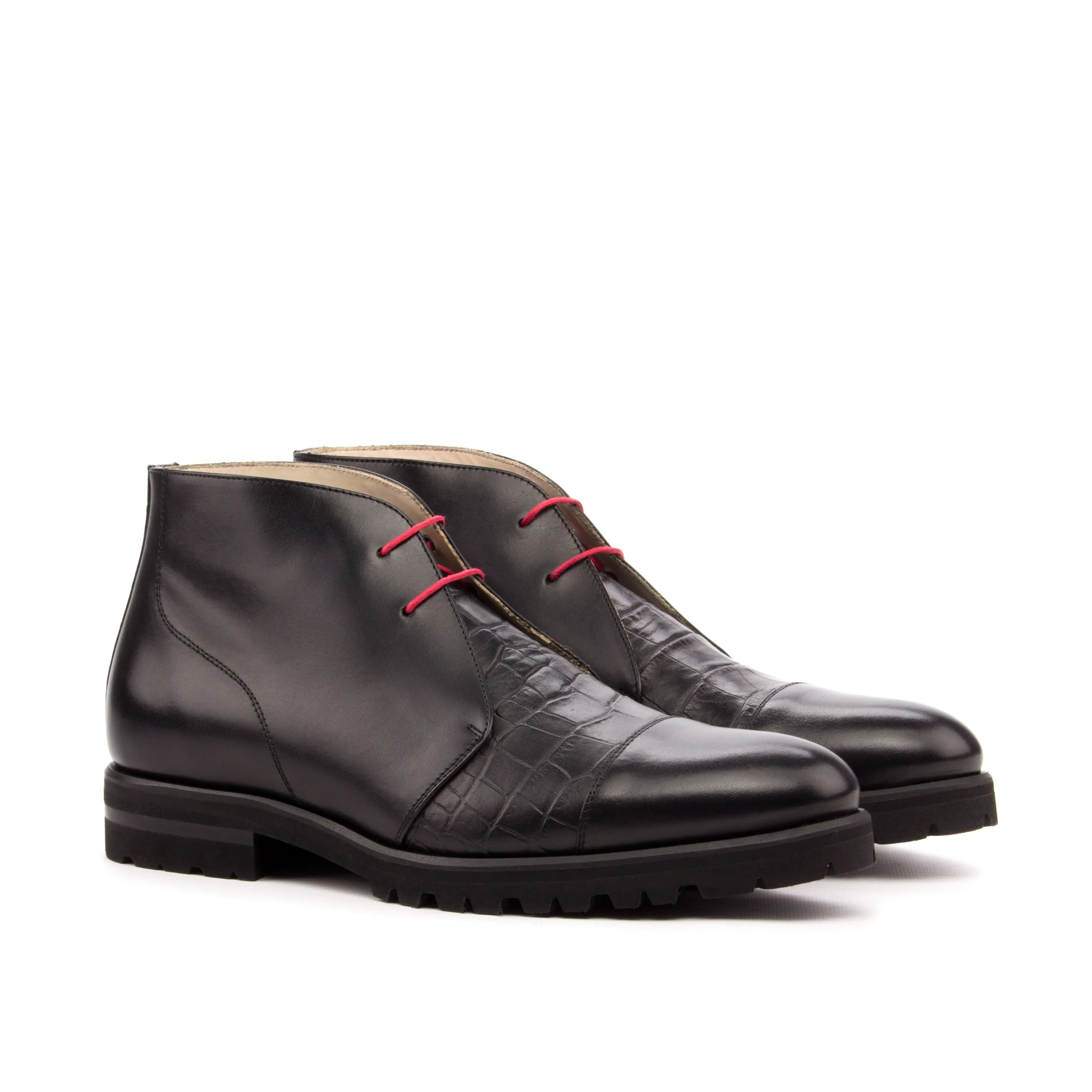 Black leather Tennes Chukkas featuring striking red laces, ideal luxury bespoke shoes for men