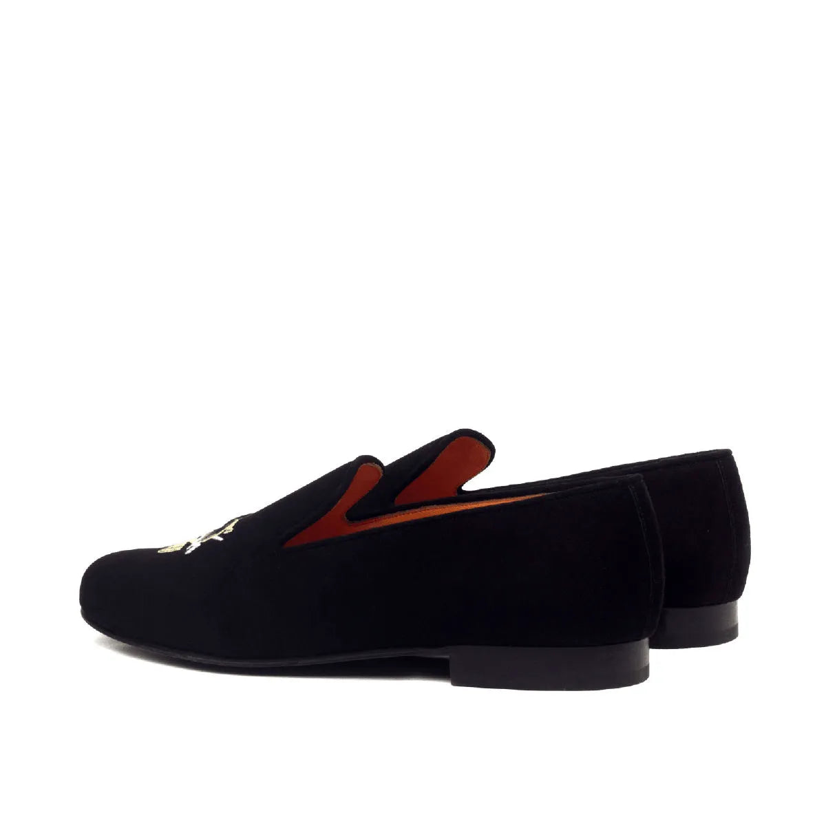 Black velvet loafer with orange lining from the Eye Wellington slip collection