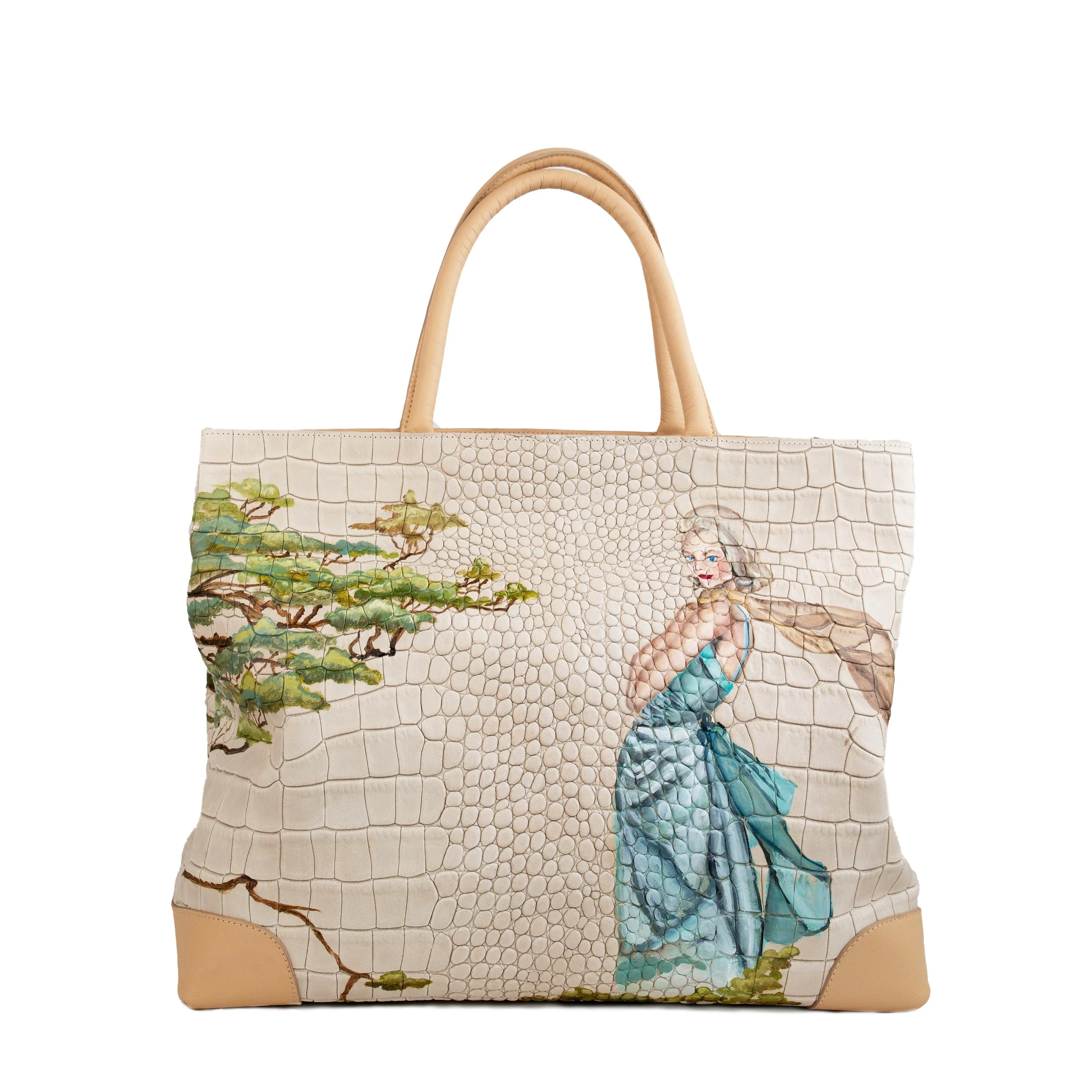 Elegant Grace Weekender Bag featuring a woman and tree design with croco embossed detailing