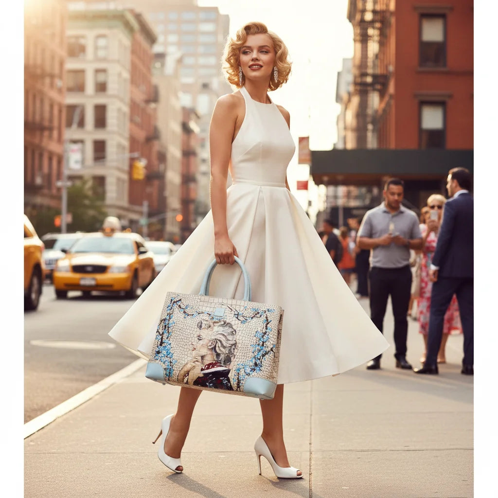 White satin dress with flared skirt in Marilyn Weekender Bag