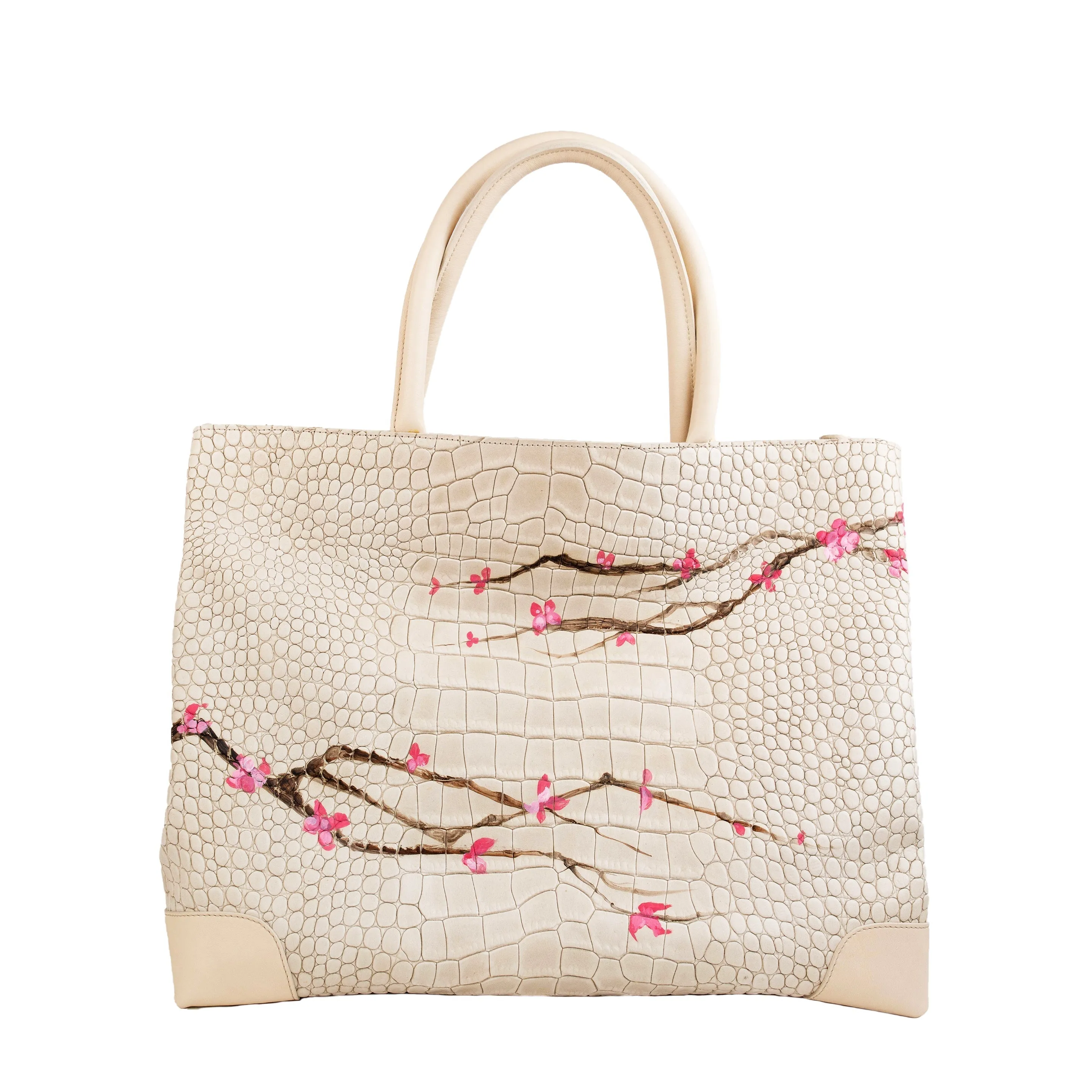 Ivory-colored croco embossed handbag with floral design, The Mystery Weekender Bag