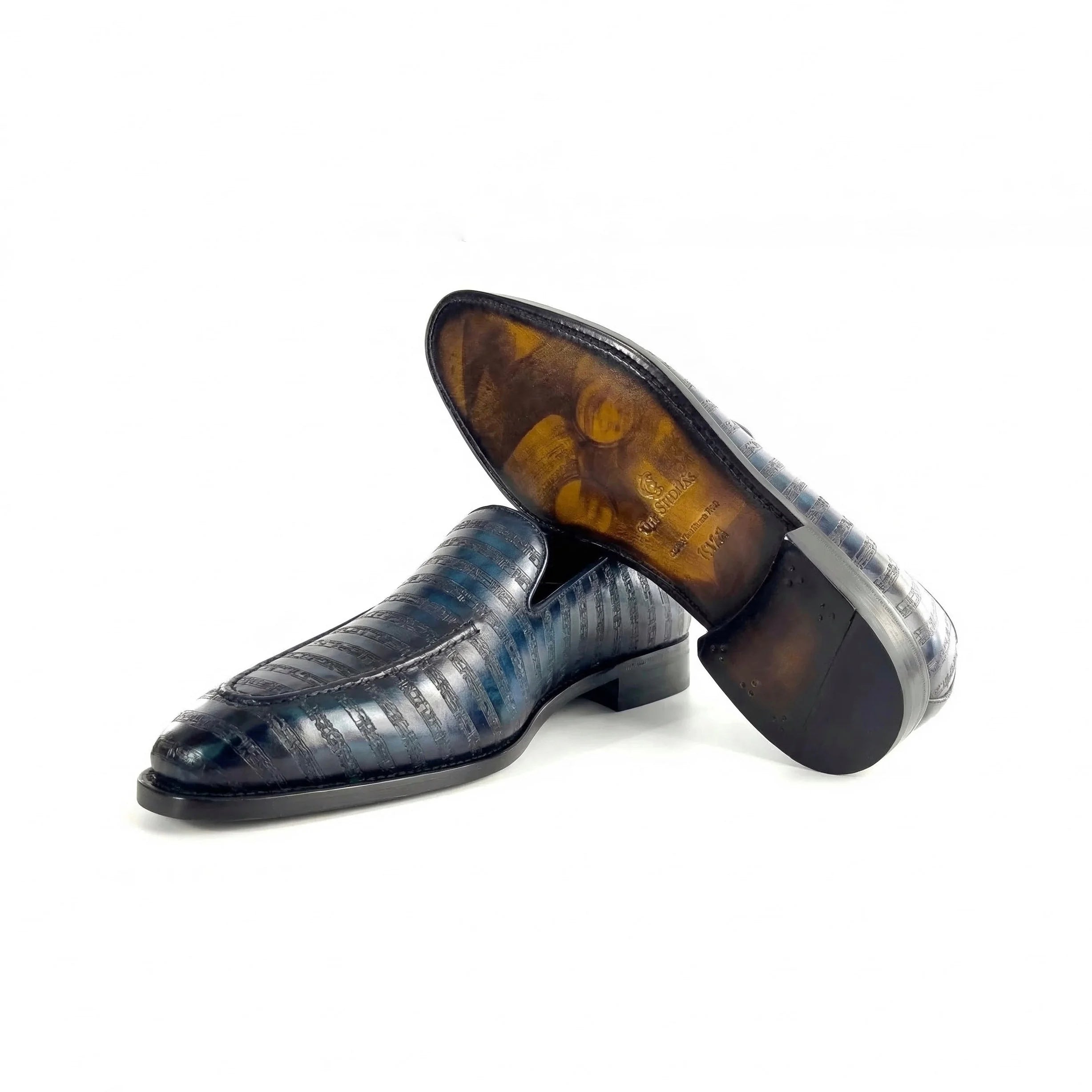 Poet VIII Patina dark blue crocodile-embossed leather loafer with glossy finish
