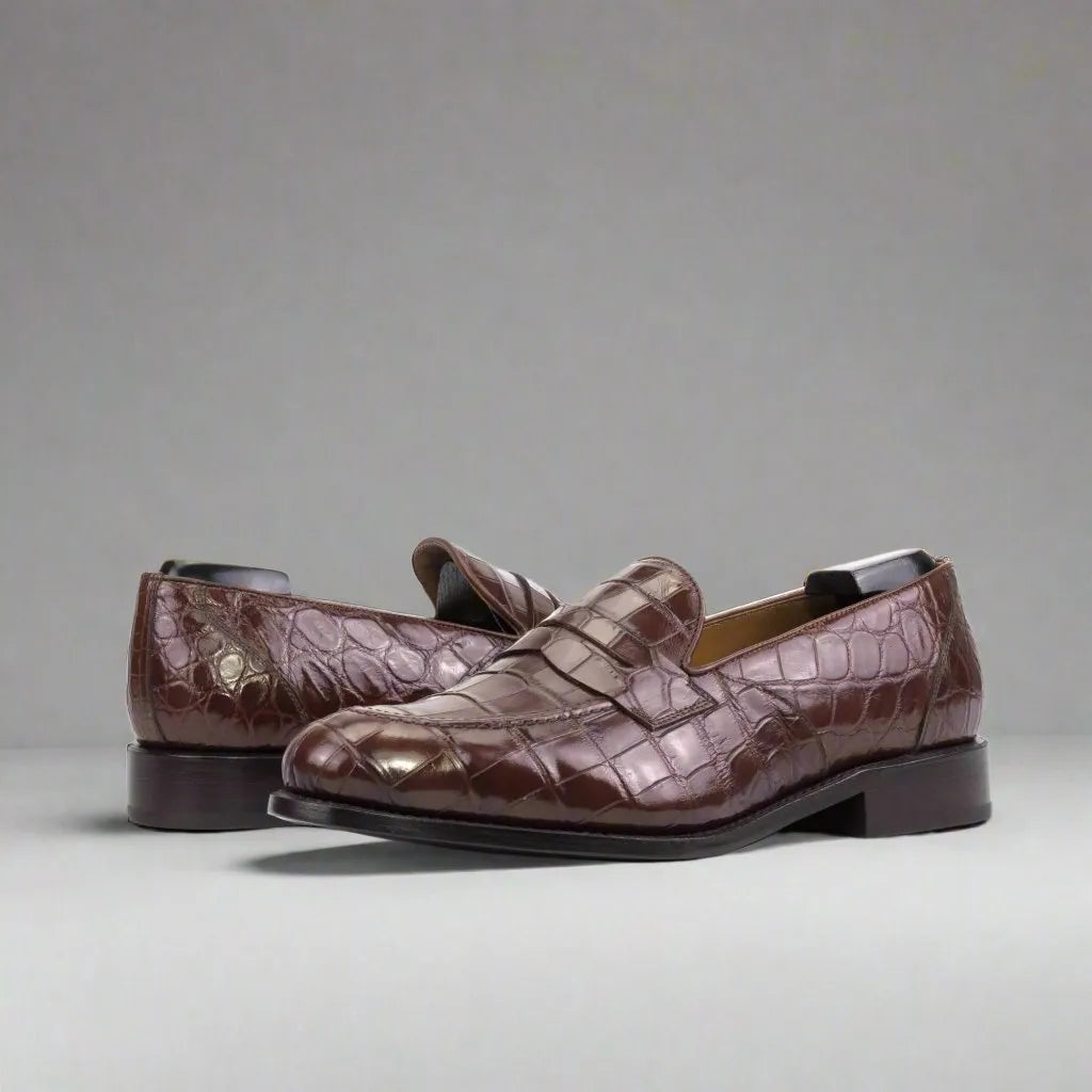 Brown crocodile-patterned leather loafers featuring TheDon Alligator Loafers design