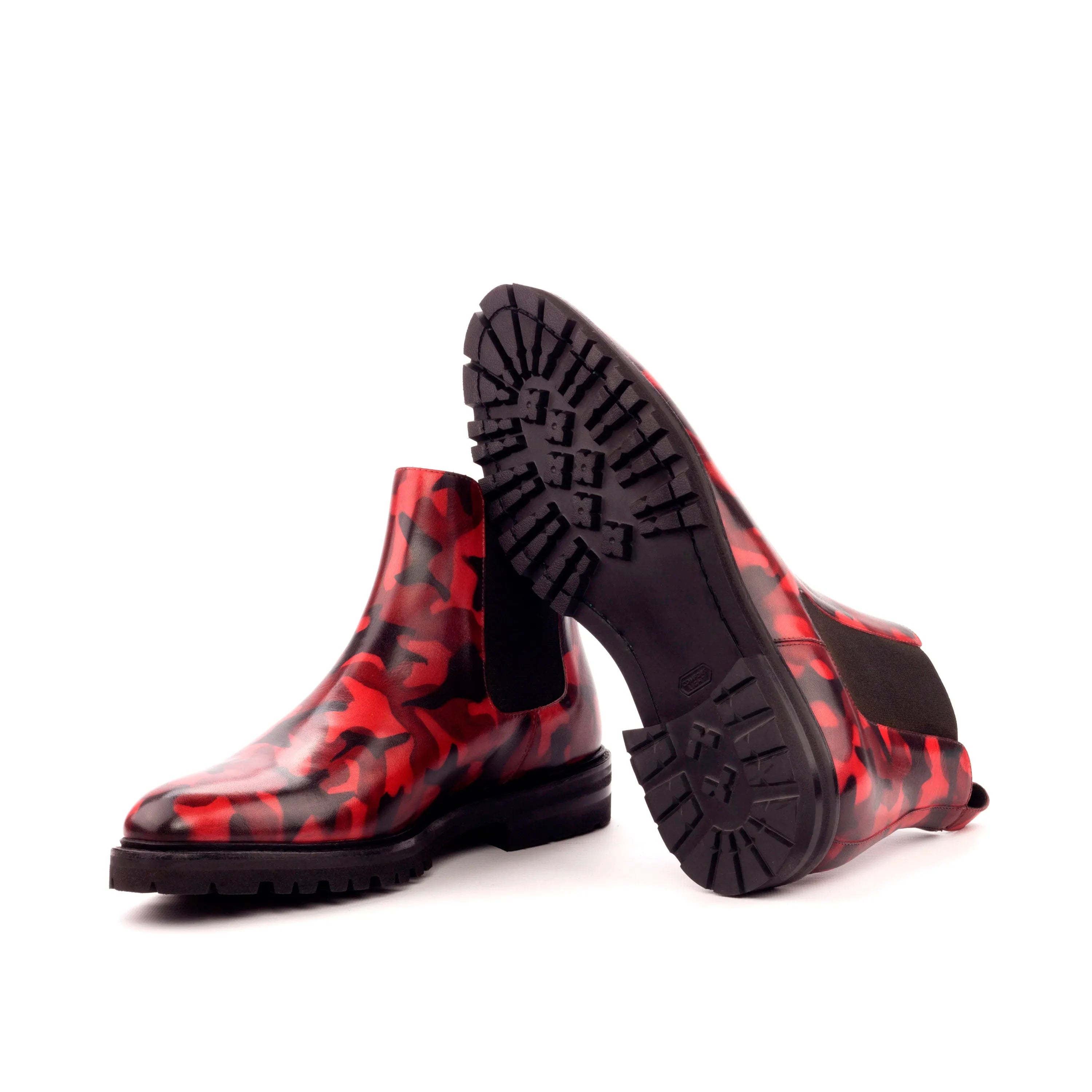 Red and black camouflage Theodora Chelsea Boots for stylish yet durable footwear