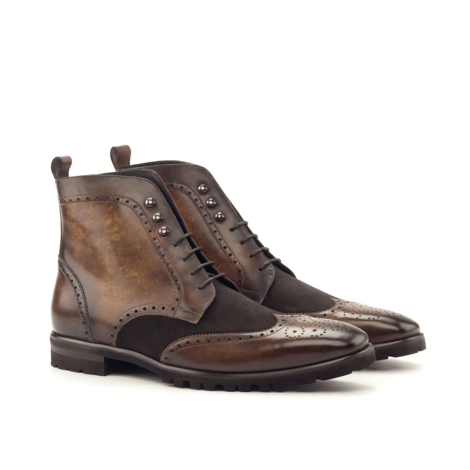 Brown leather and suede wingtip Theron Military Brogue Boots with stylish patina finish