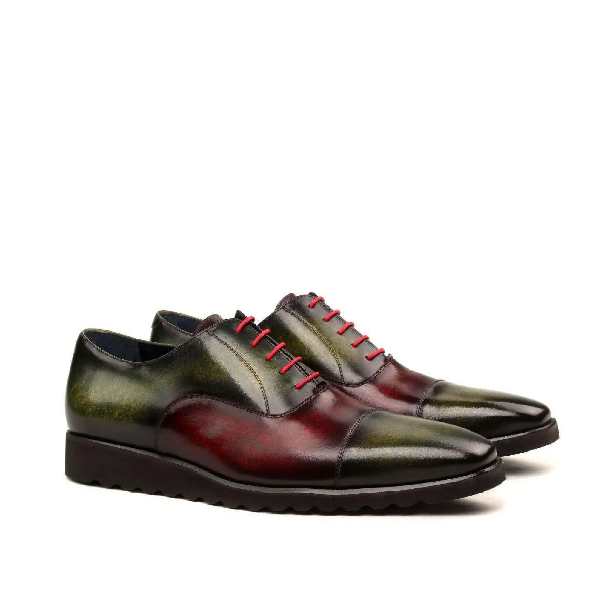 Two-toned Tice Oxford Patina Shoes II featuring striking red laces for stylish elegance