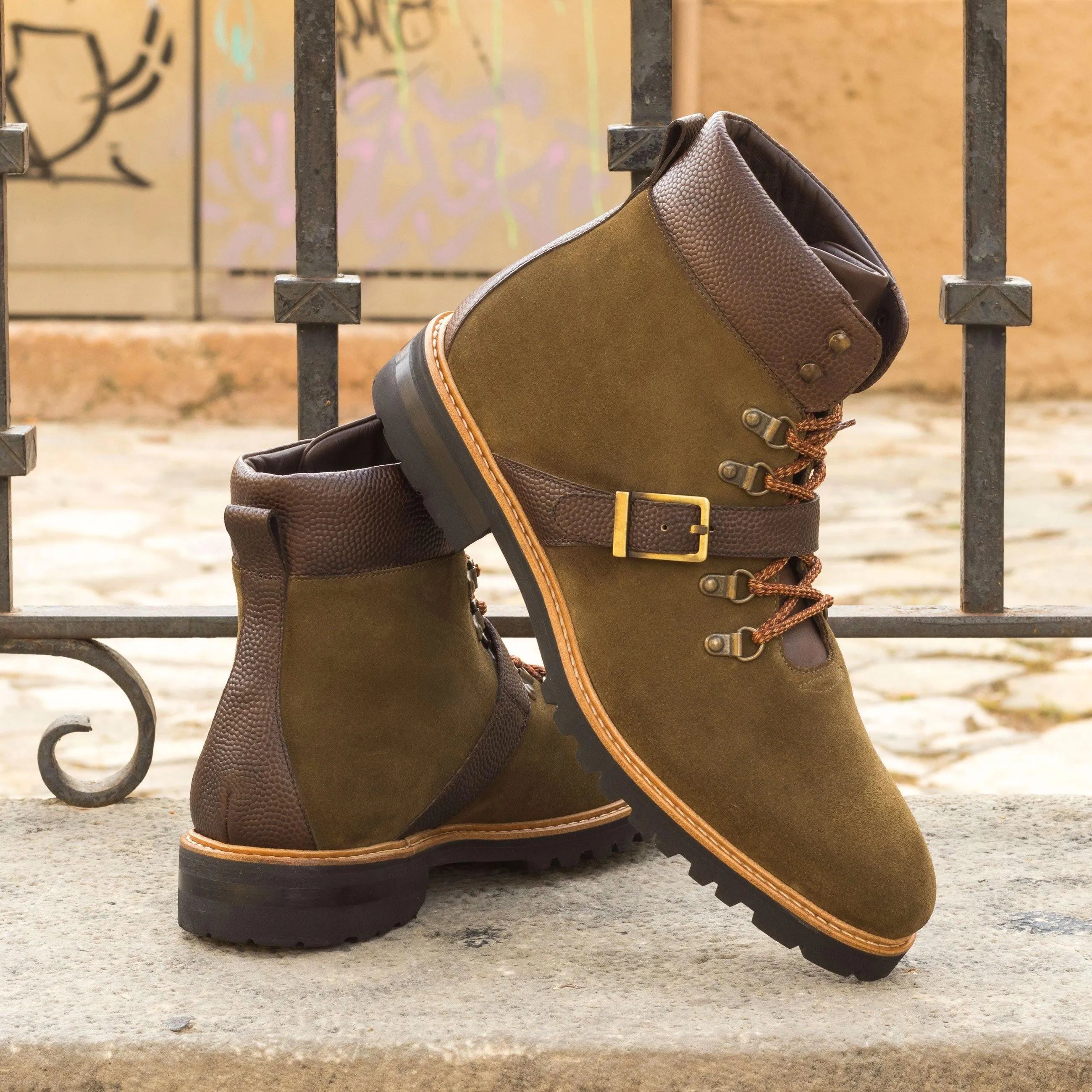 Olive green and brown leather Timas Hiking Boots II, perfect for outdoor adventures