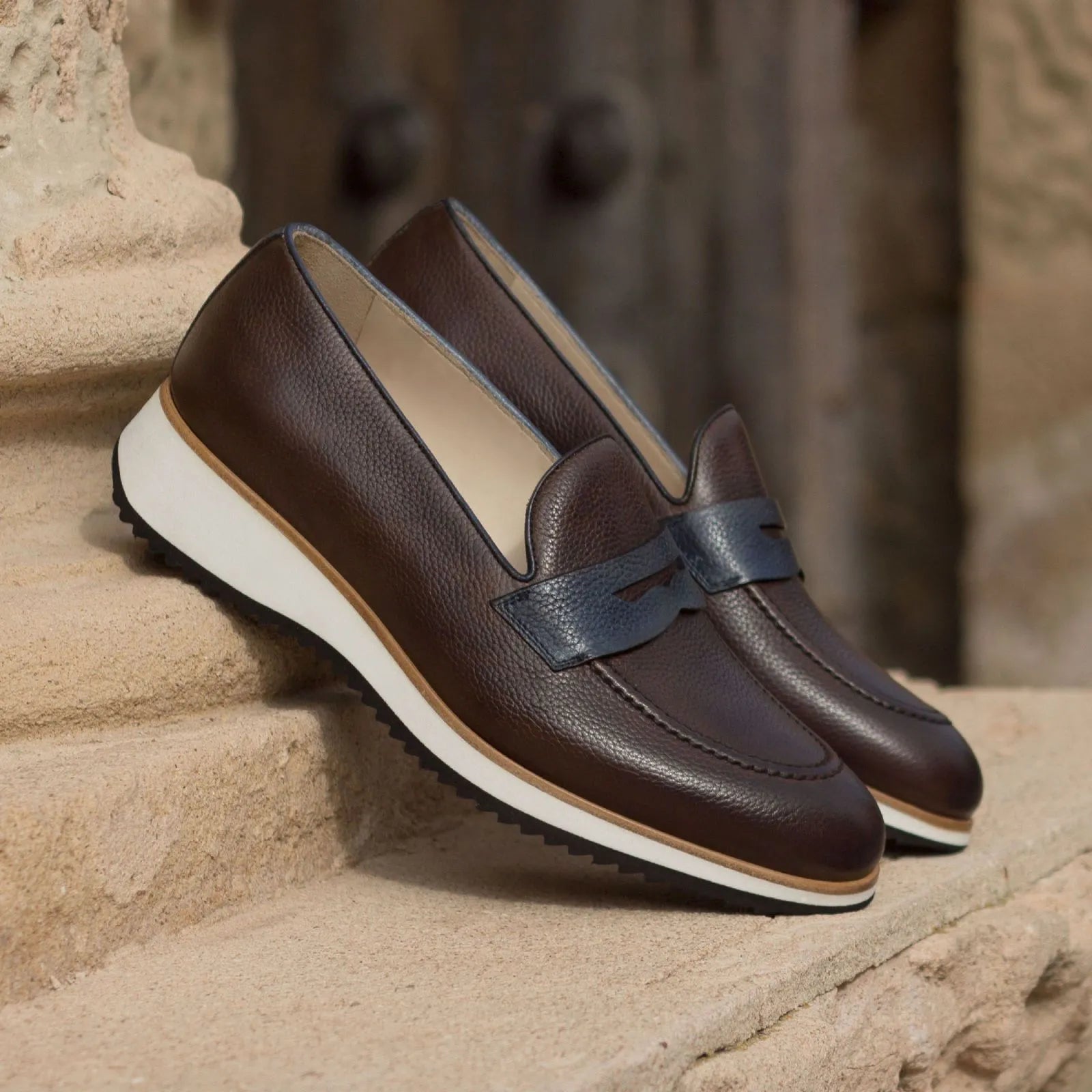 Brown leather Timyo Loafers with white soles, ideal luxury bespoke shoes for men