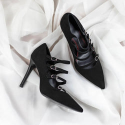 Black pointed-toe Tina Venice high heels with stylish buckled straps