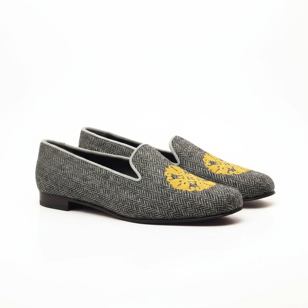 Gray herringbone loafers with yellow lion design, Tina Womens Audrey Slipper