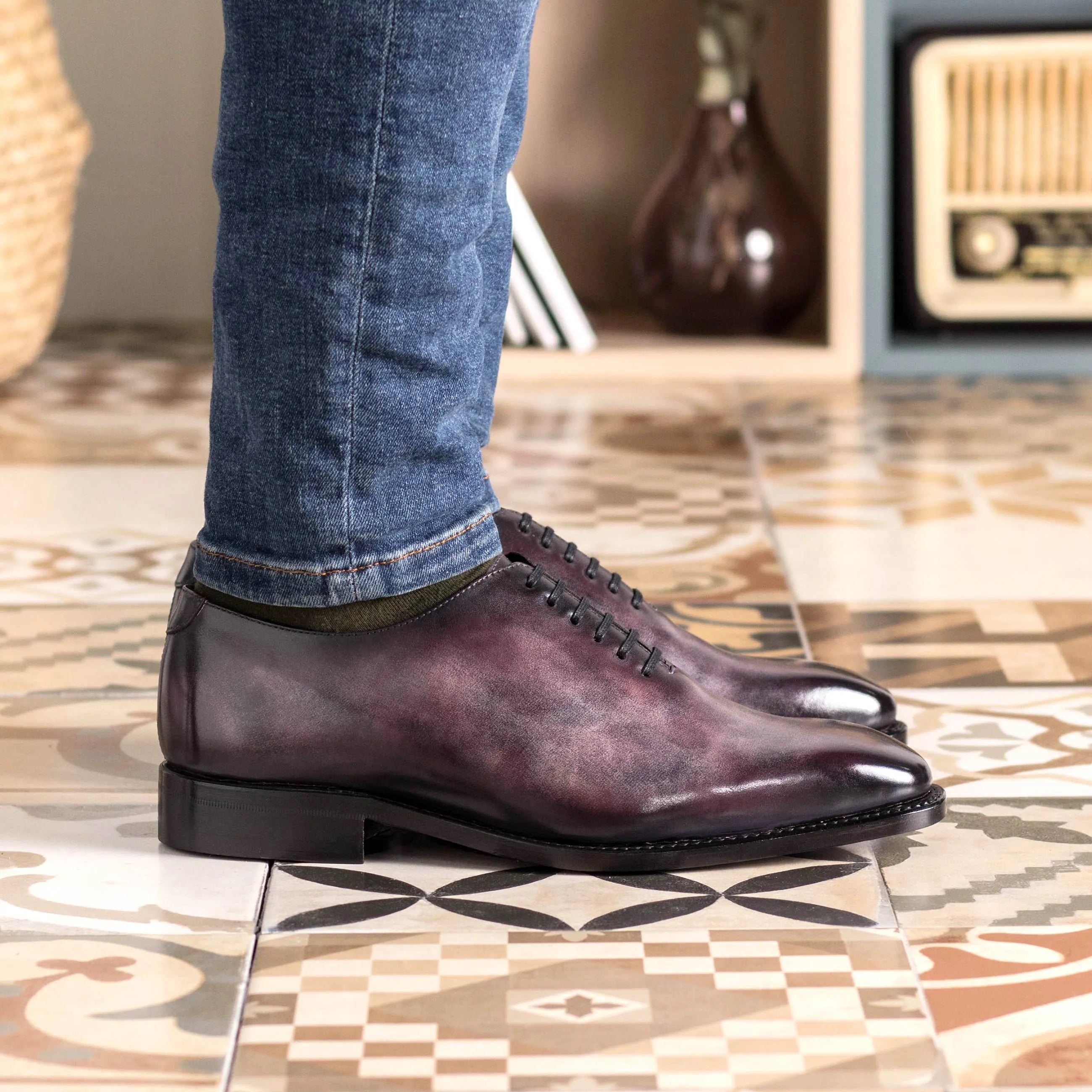 Purple leather Tinzi Patina Wholecut shoes showcasing elegant design and premium craftsmanship