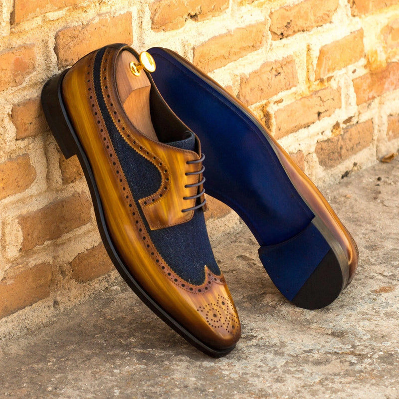 Brown and blue leather Trevor Longwing Blucher II shoes featuring crust patina finish