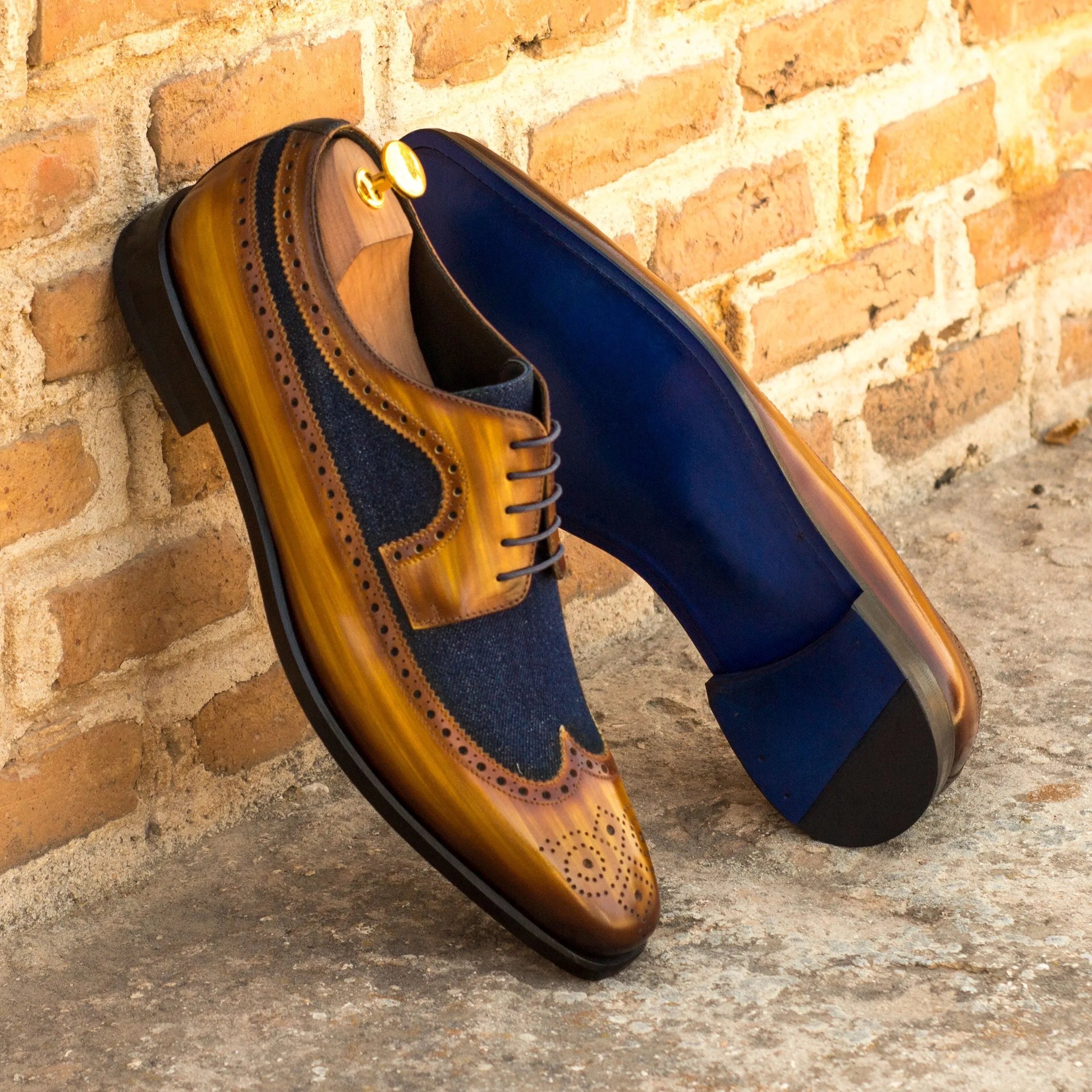 Two-tone leather Trevor Longwing Blucher shoes featuring a crust patina finish