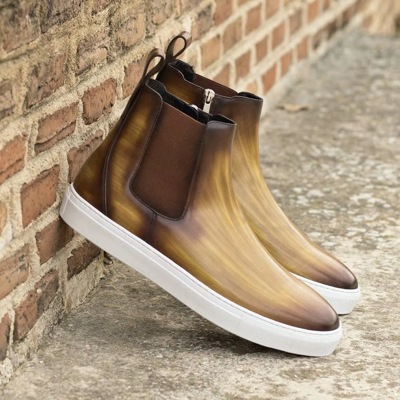 Brown leather Trinidad Chelsea sneaker boots with stylish white soles