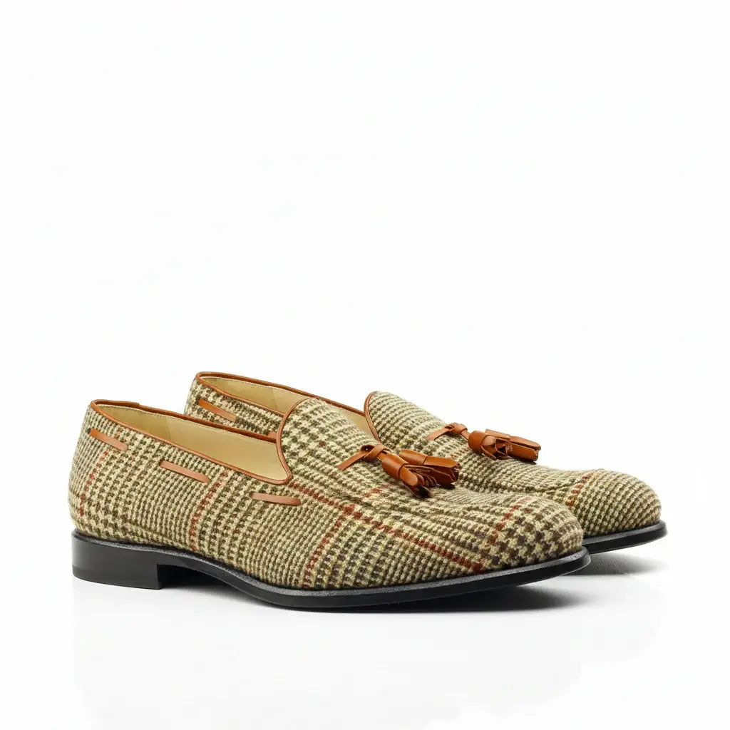 Tweed tassel loafers in brown beige plaid, fall elevating luxury style