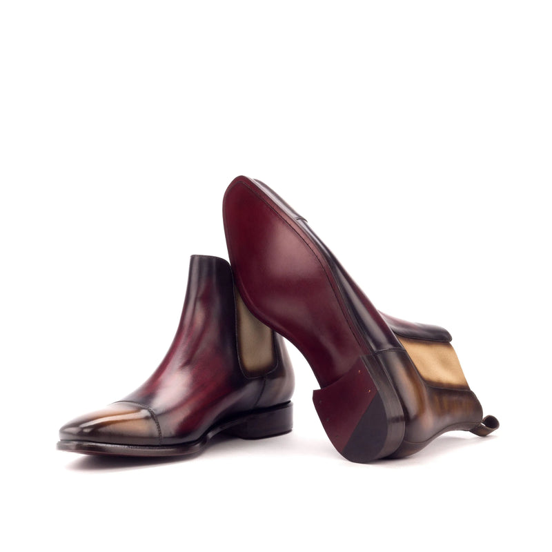 Pair of burgundy leather Utah Patina Chelsea boots showcasing exquisite crust patina