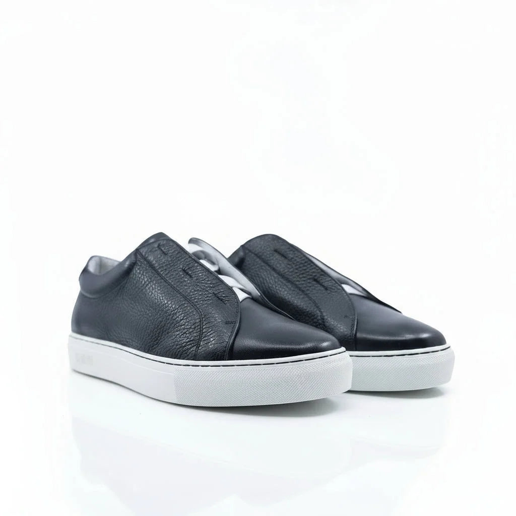 Black leather Gavin laceless sneaker with white cupsole and burnished grey texture