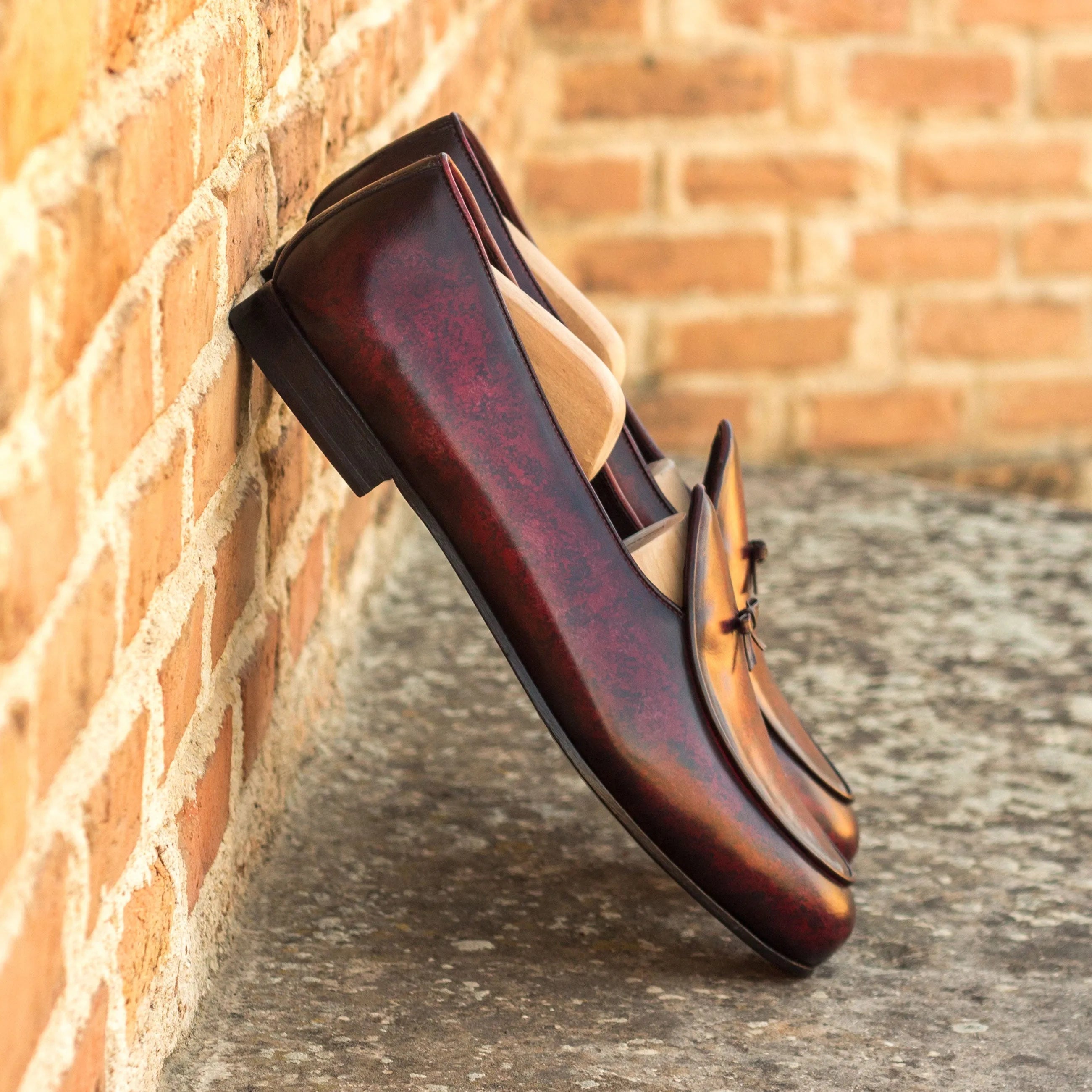 Burgundy leather loafers showcasing the Vegas Patina Belgian Slipper design