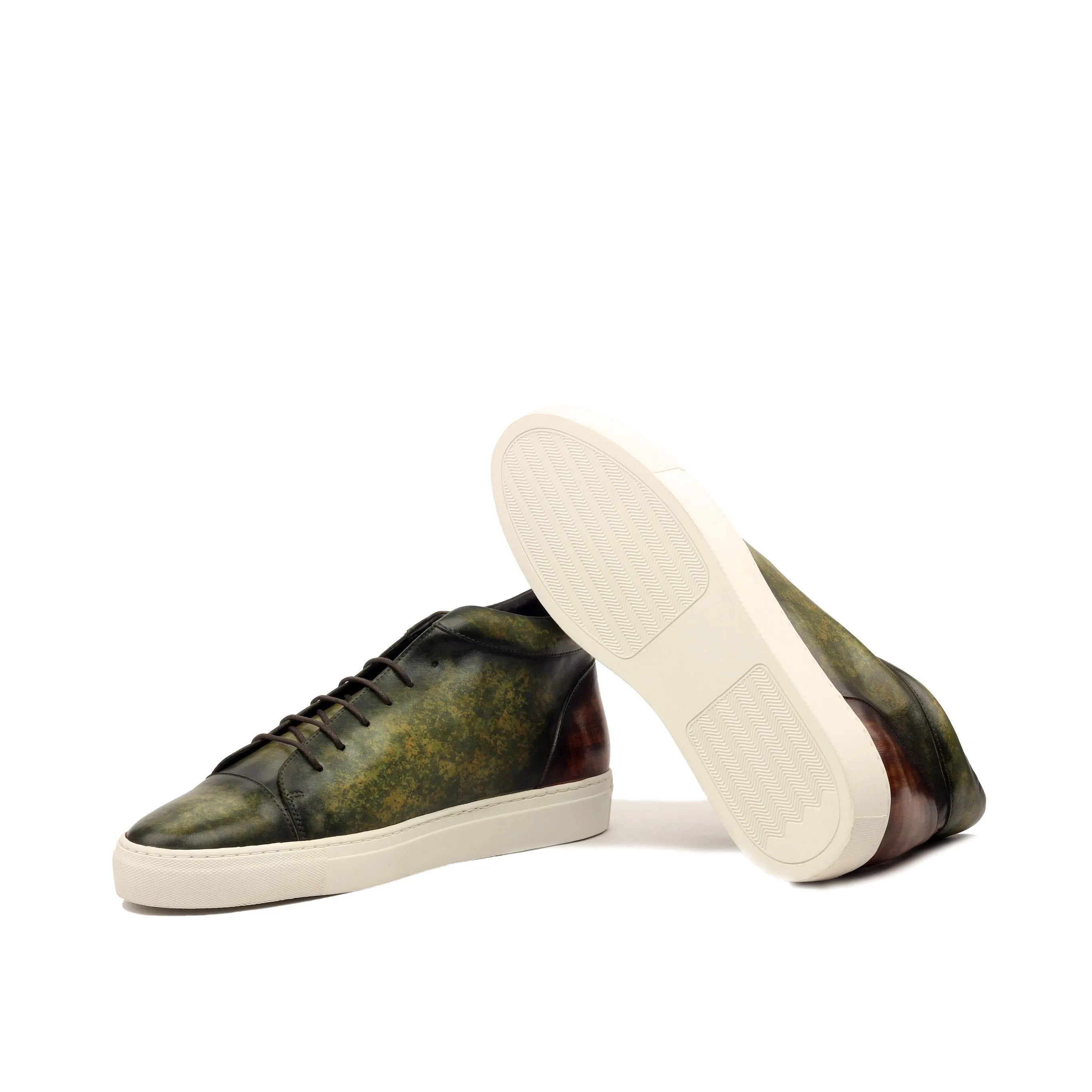 Green and brown leather high-top sneakers from Vegas Patina collection