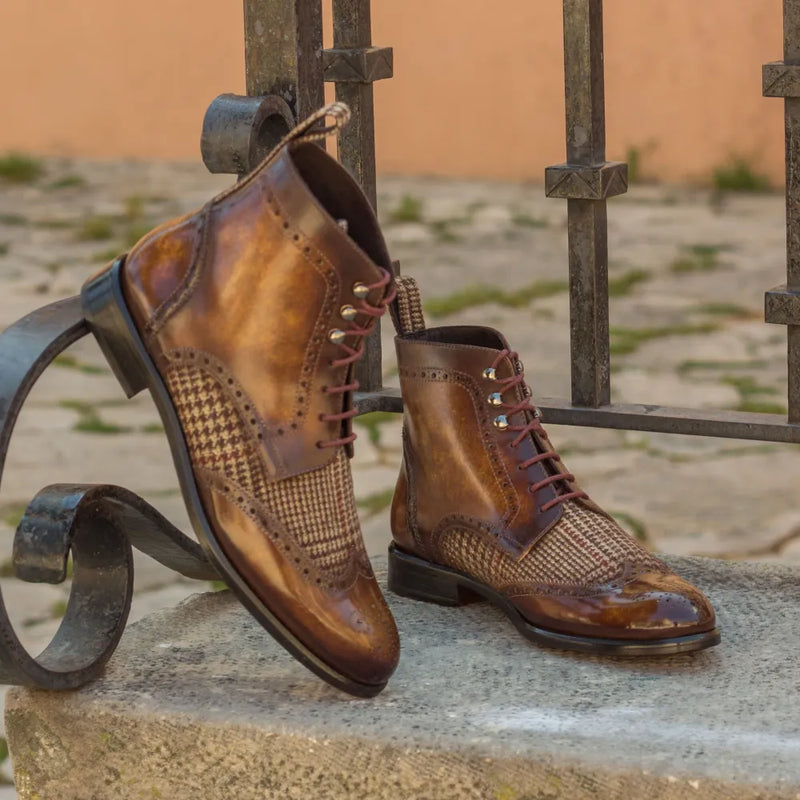 Brown leather and tweed Victoria Ladies Military Brogue boot for stylish footwear choice