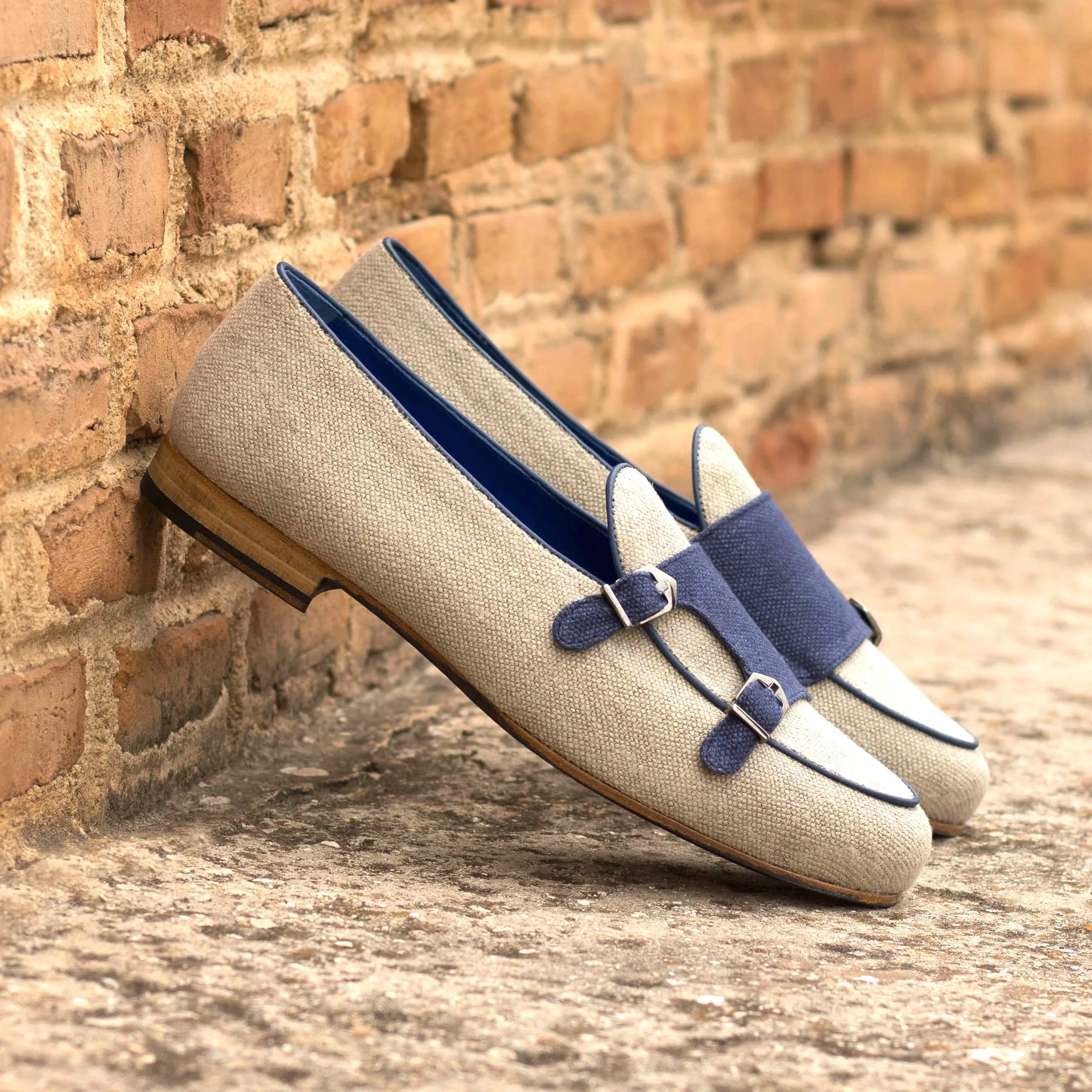Beige and blue double monk strap loafers of the Victus Belgian Monk Slipper