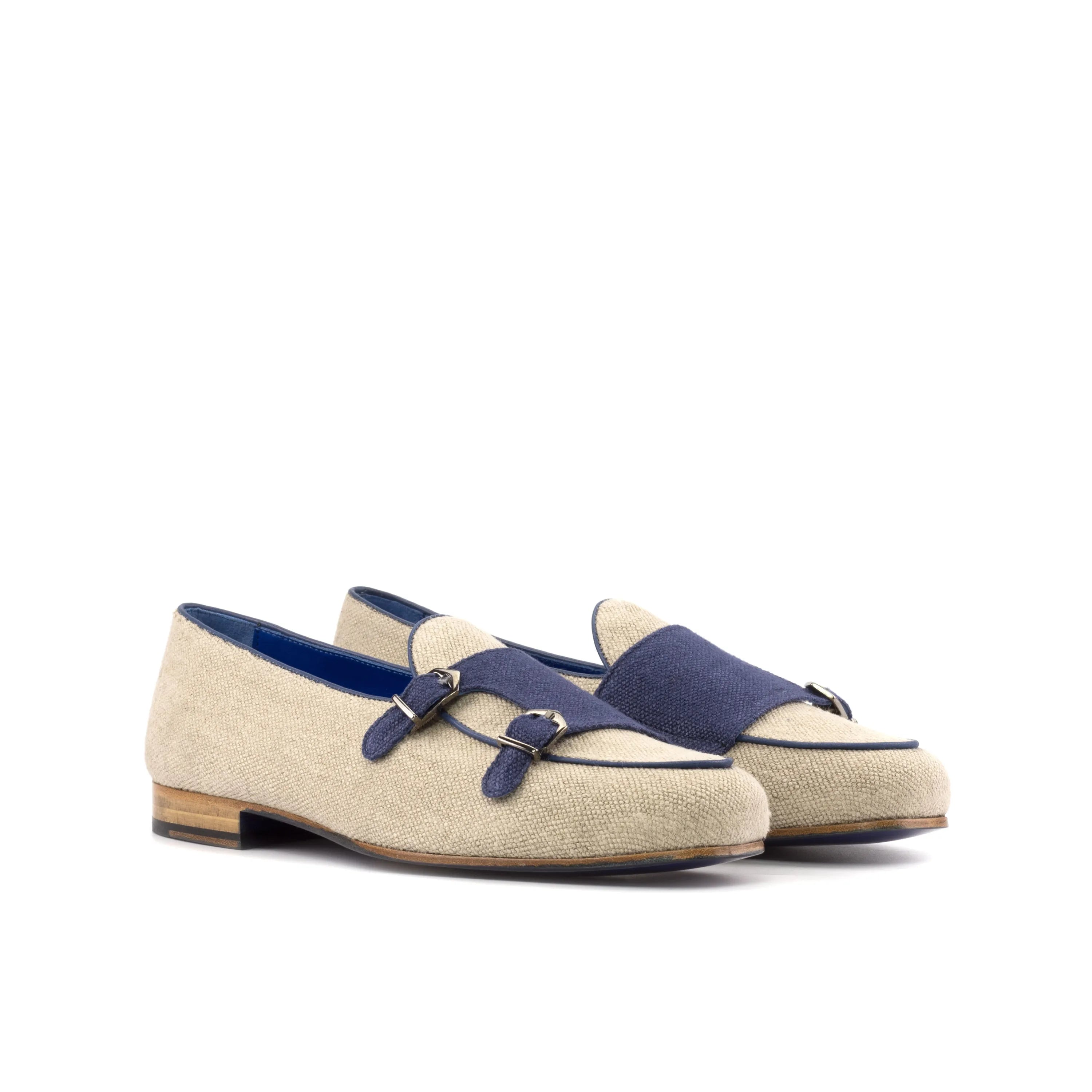Beige and blue Victus Belgian Monk Slipper featuring a sophisticated double monk strap design