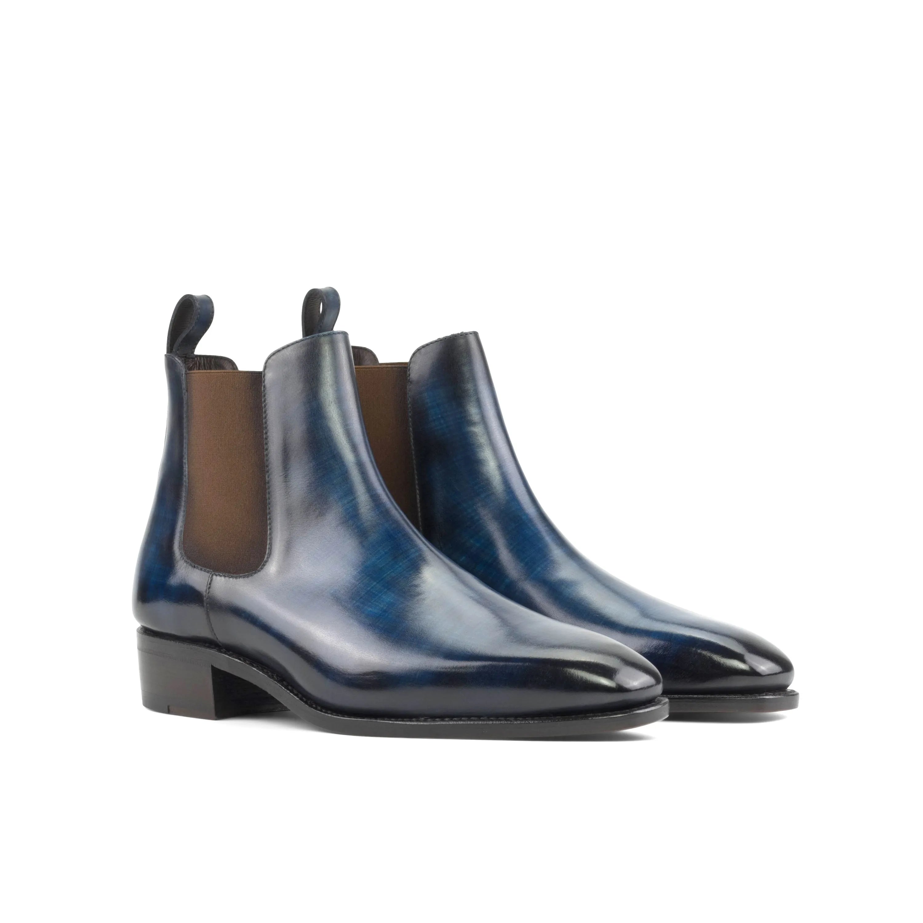 Pair of Vino Patina Chelsea boots in blue leather, showcasing elegant footwear design