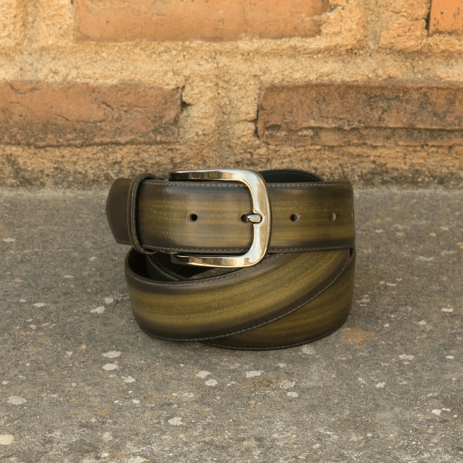 Olive green leather Vito Patina Hampton Belt featuring a sleek silver buckle