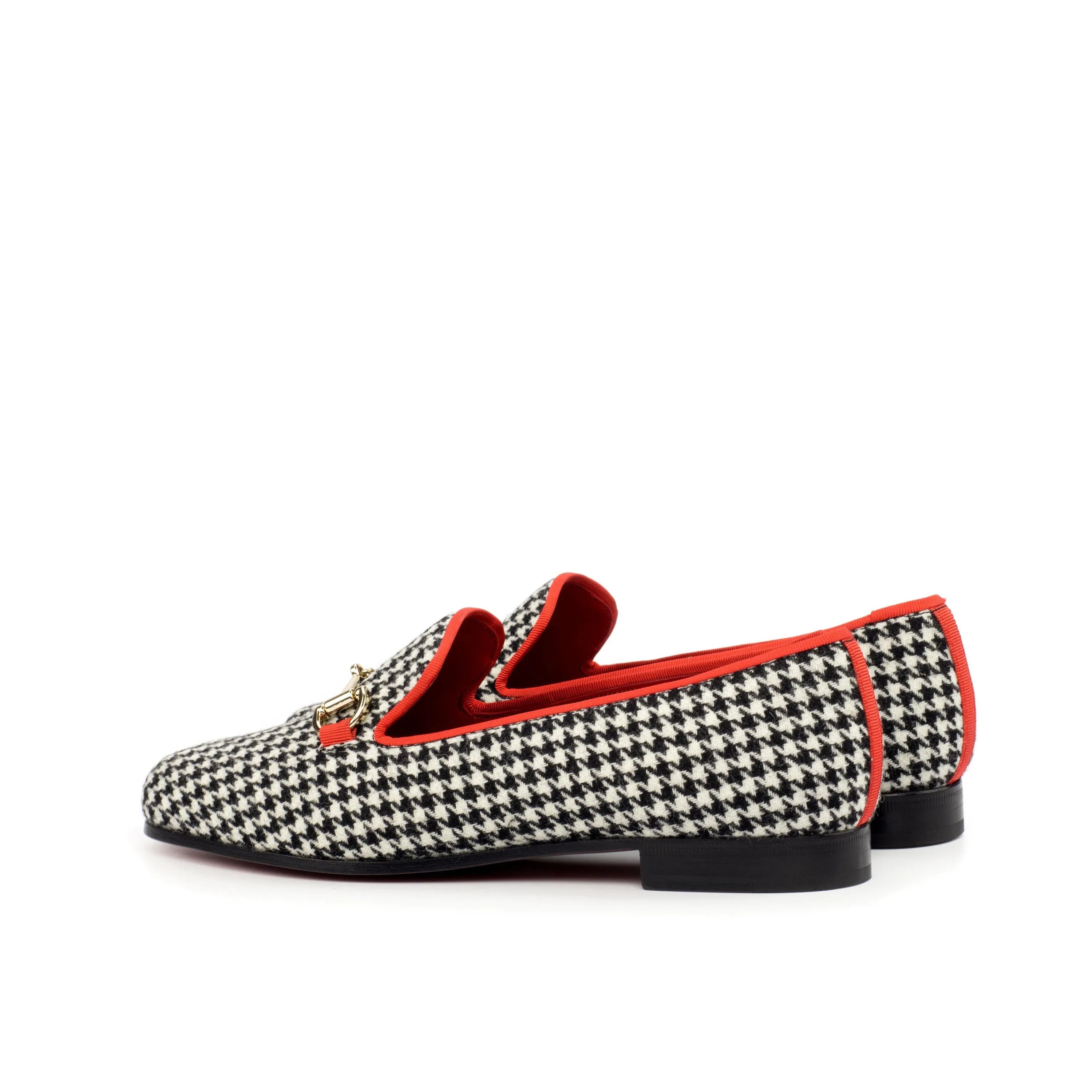 Houndstooth loafer with red trim, featured in the Vogue Audrey Slipper collection