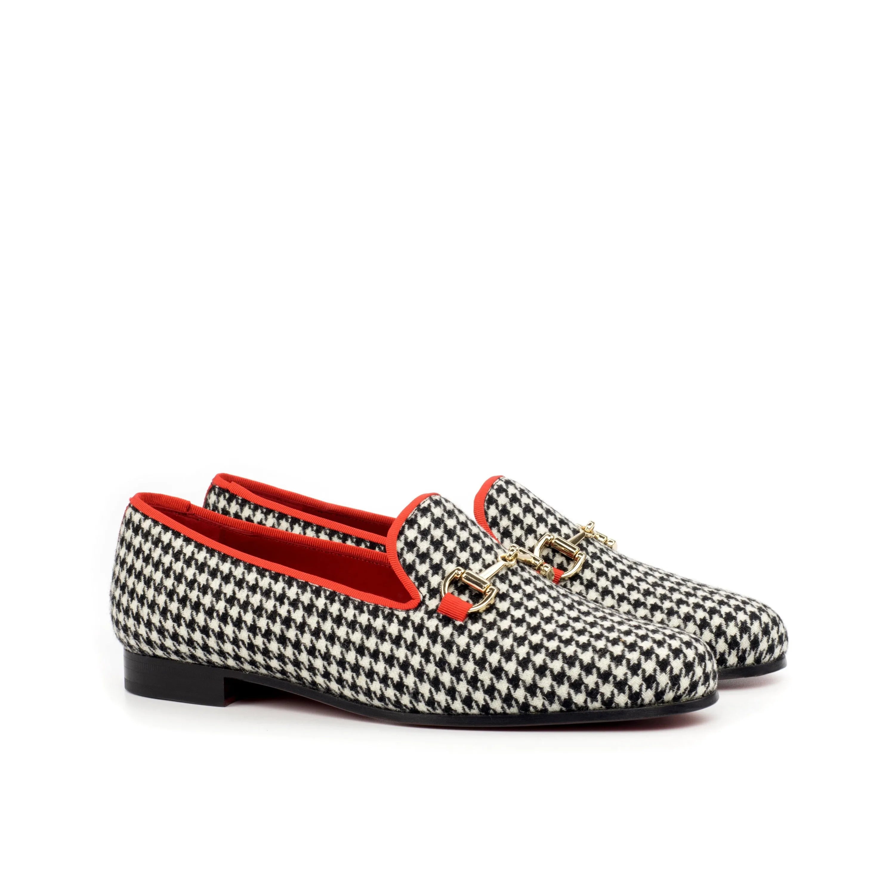Houndstooth patterned Vogue Audrey Slipper with striking red trim for stylish footwear