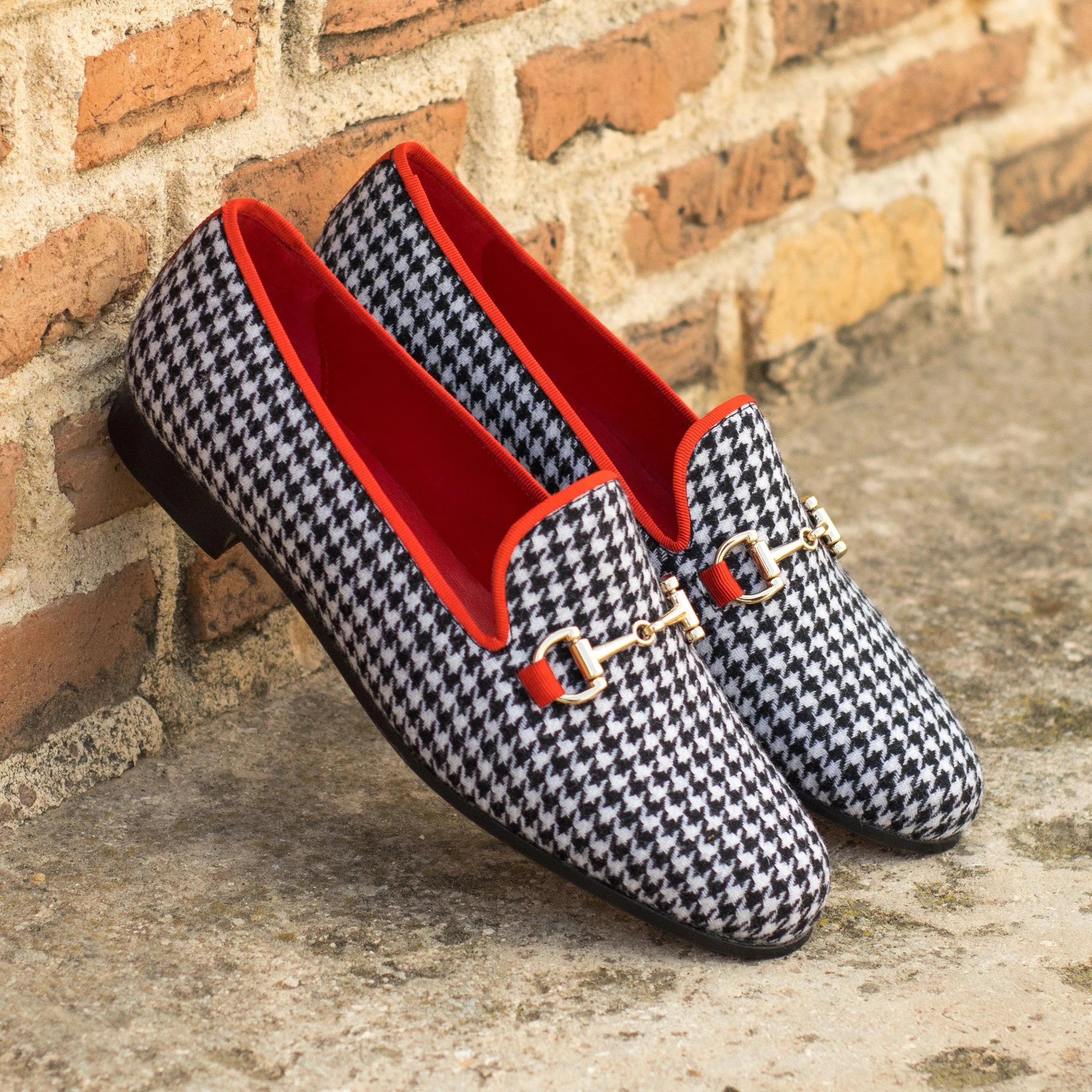 Houndstooth patterned Vogue Audrey Slipper loafers with stylish red trim