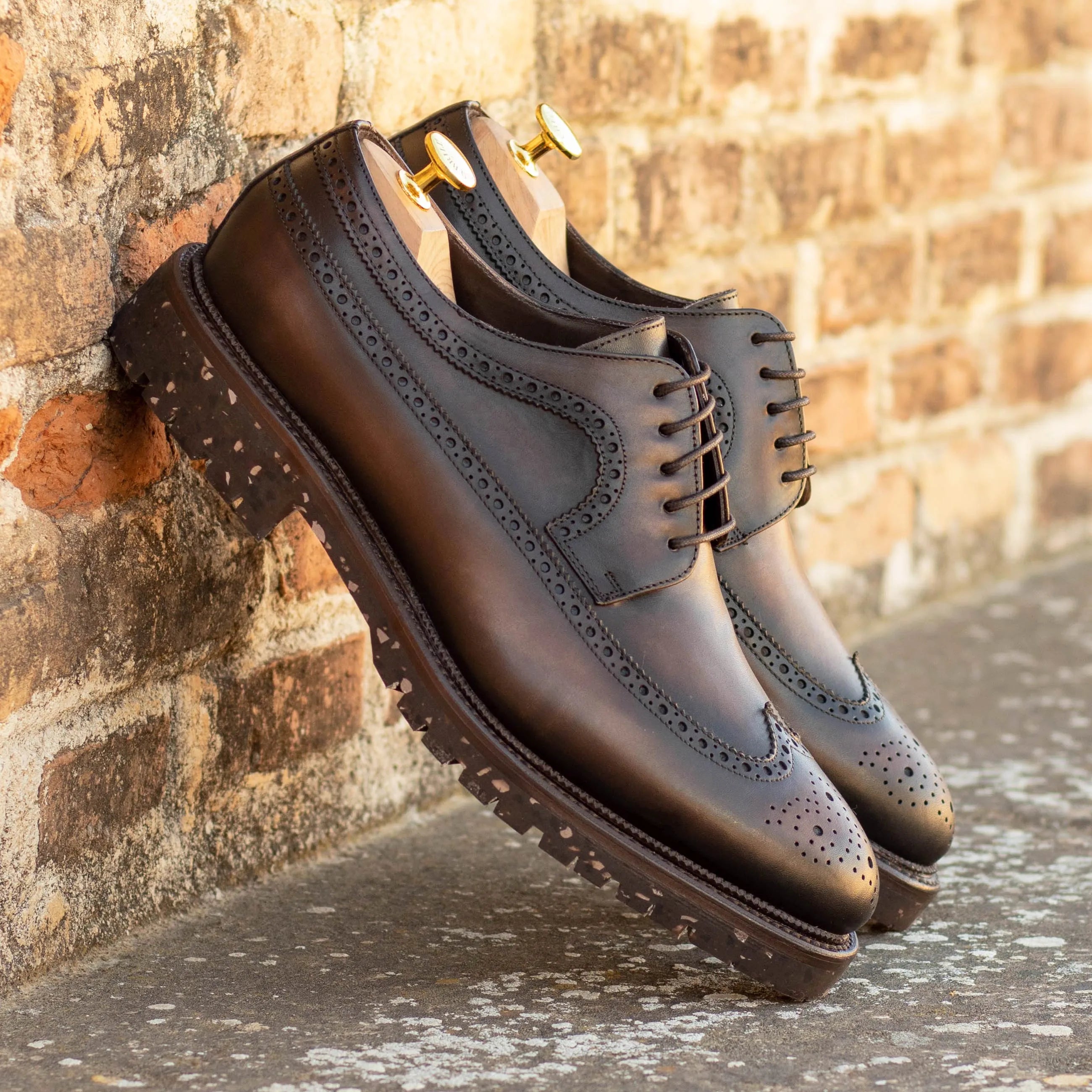 Pair of brown leather brogue shoes, Vos Longwing Blucher, stylish and elegant footwear