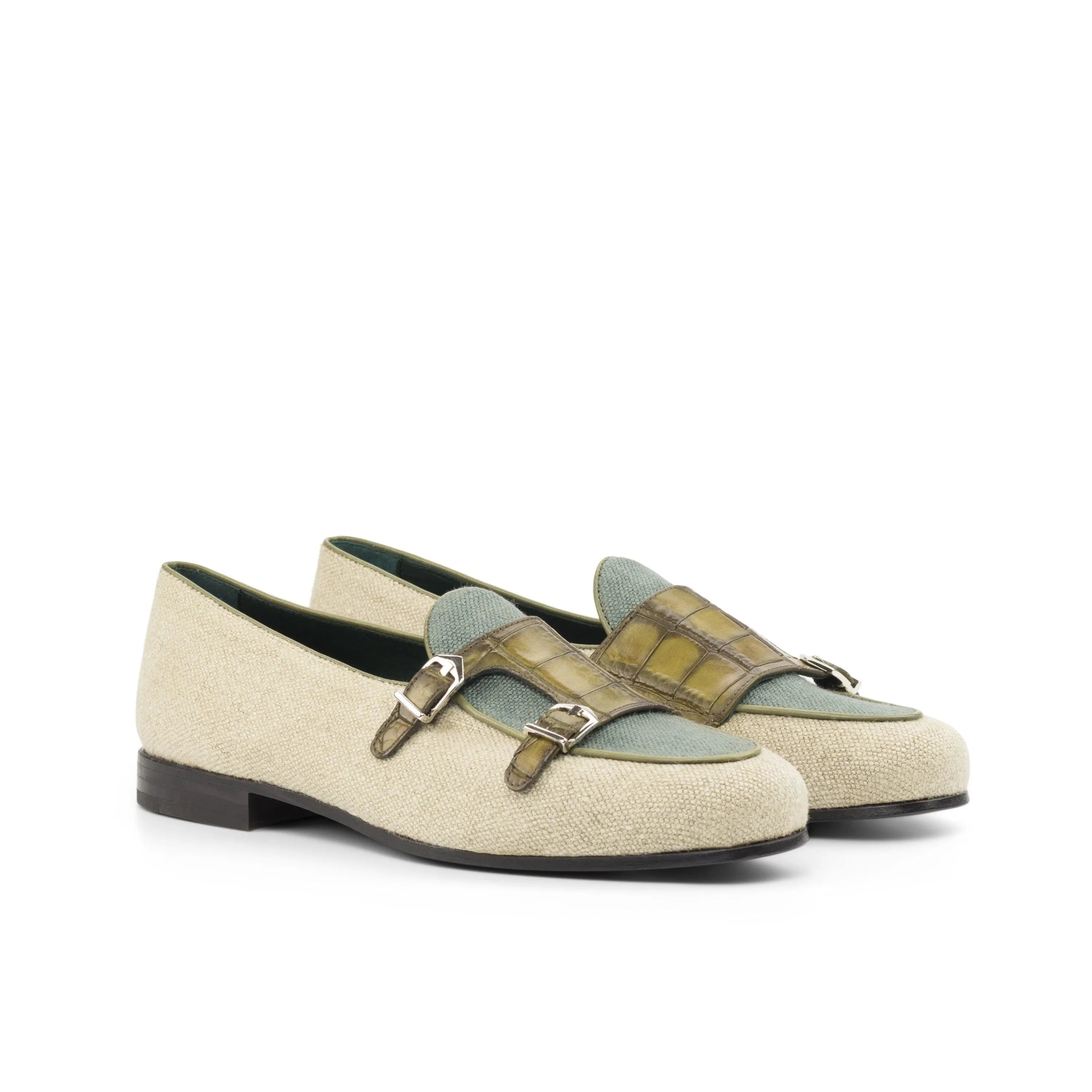 Beige and green Votan Belgian Monk Slipper II featuring olive painted double monk straps