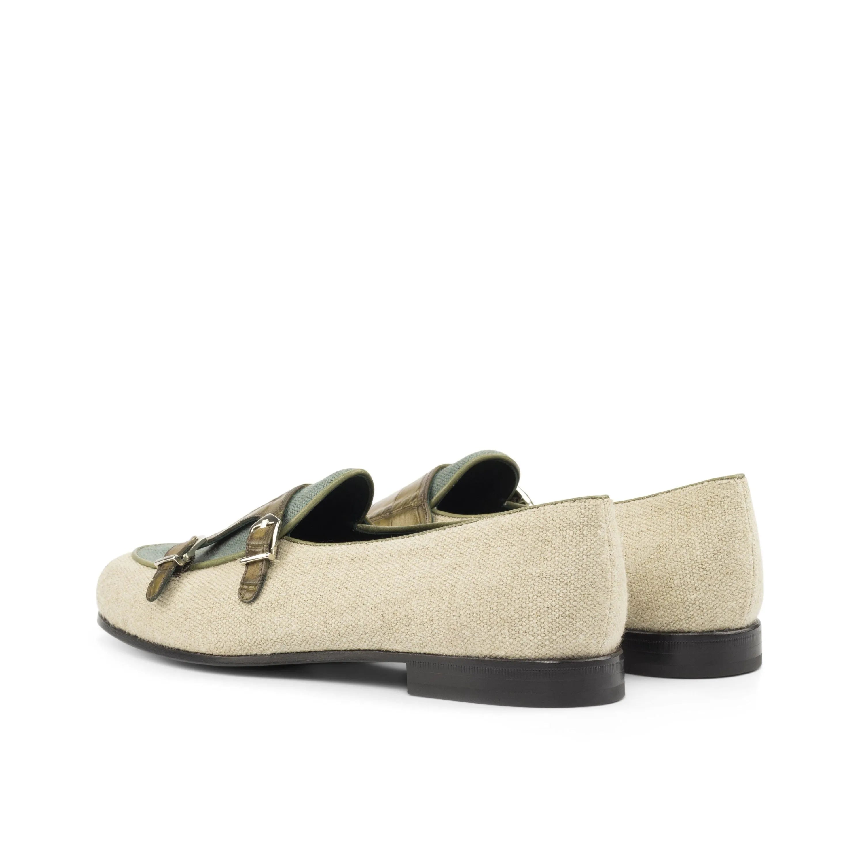 Beige and green Votan Belgian Monk Slipper II showcasing olive painted monk strap loafers