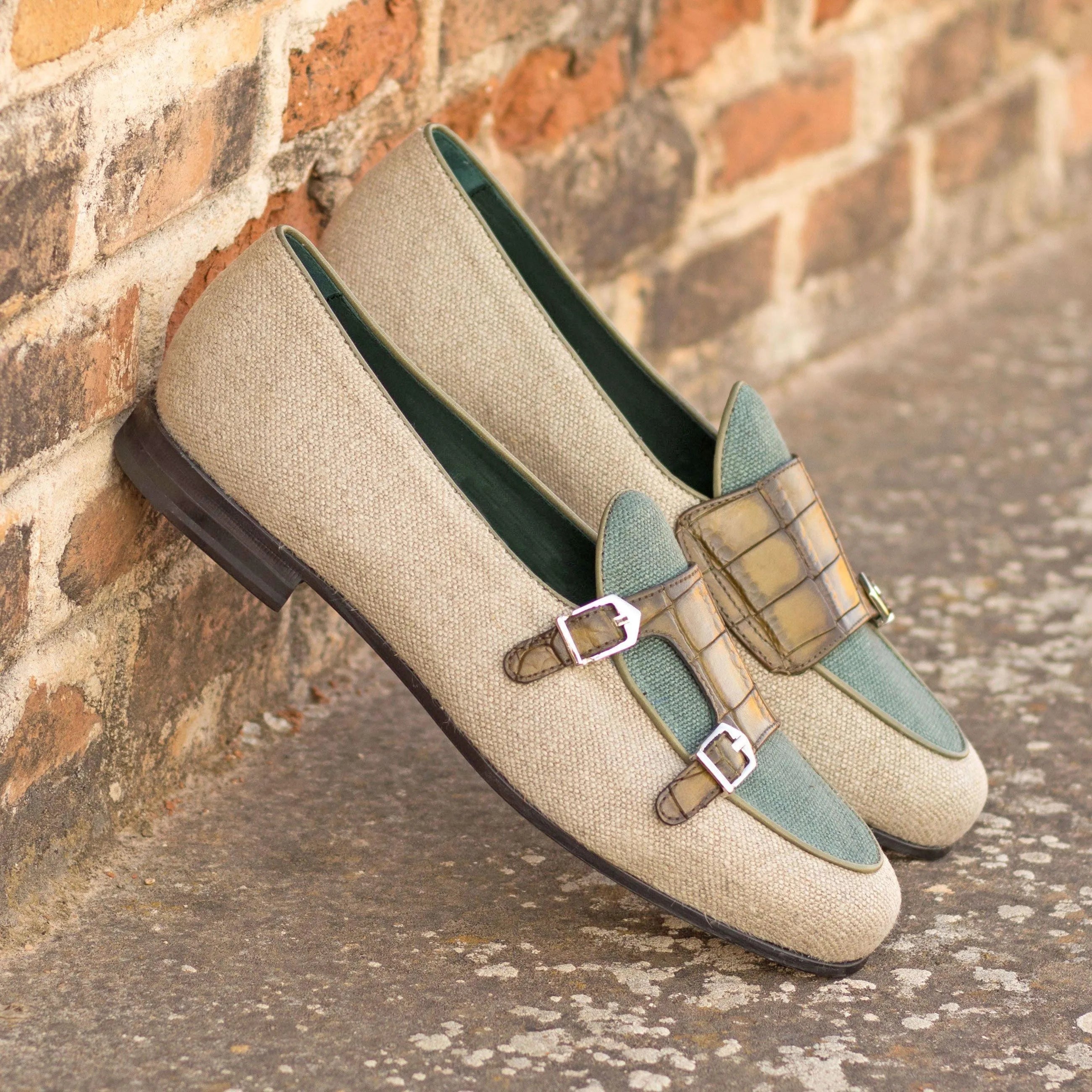Beige and green Votan Belgian Monk Slipper II with olive painted accents