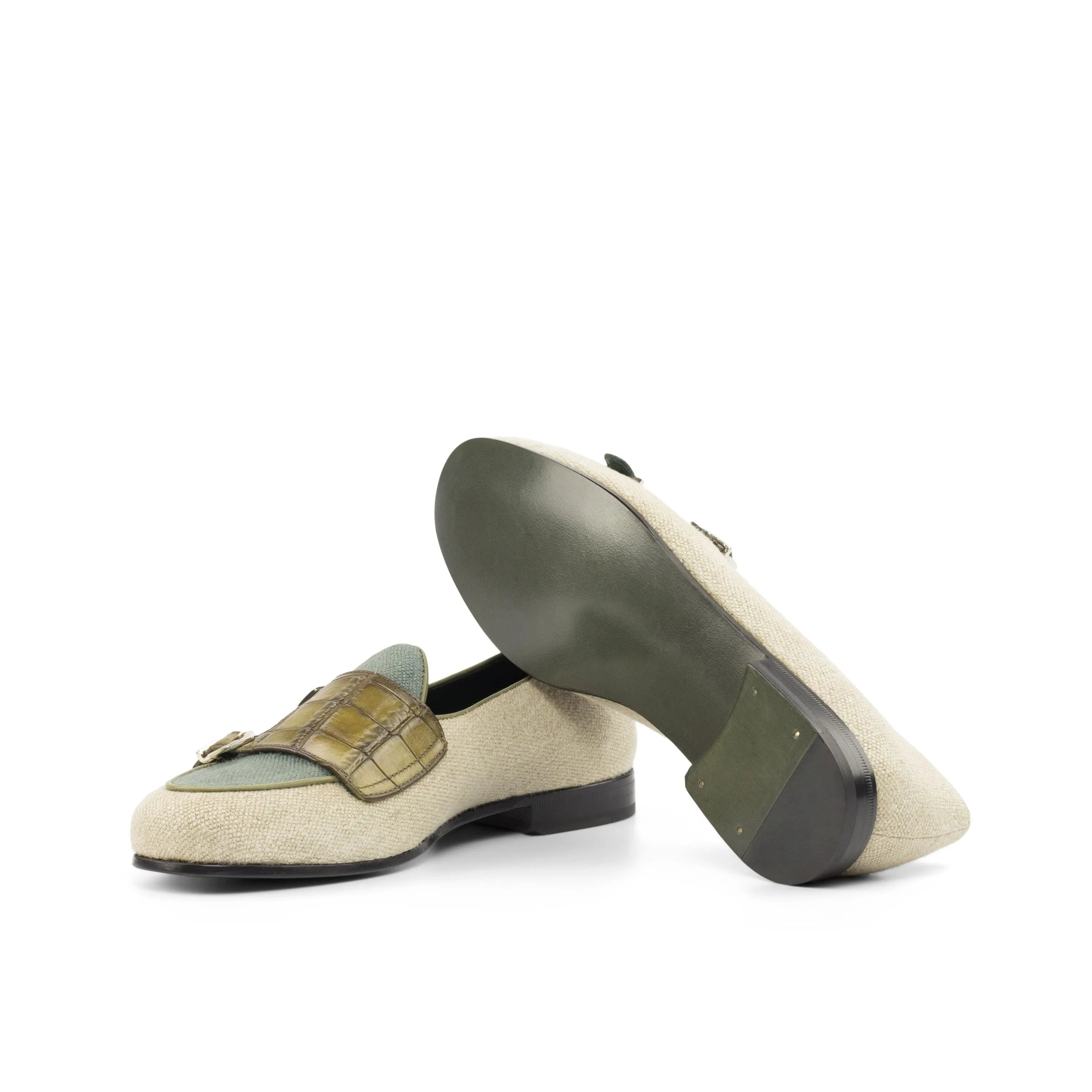 Pair of beige and green Votan Belgian Monk Slippers with olive painted accents