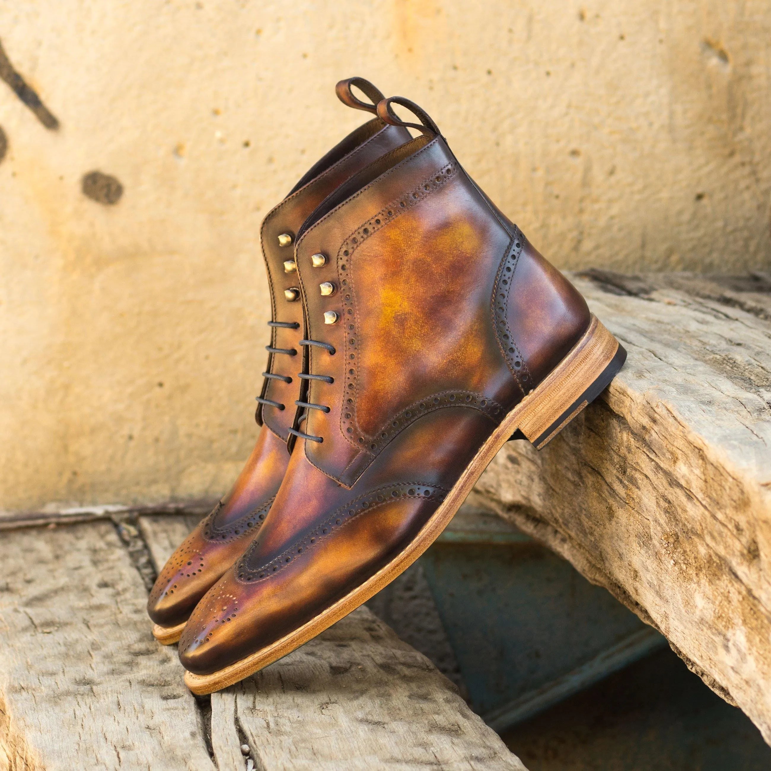 Brown leather Wingtip Boots featuring Wagner Military Brogue Patina design for style