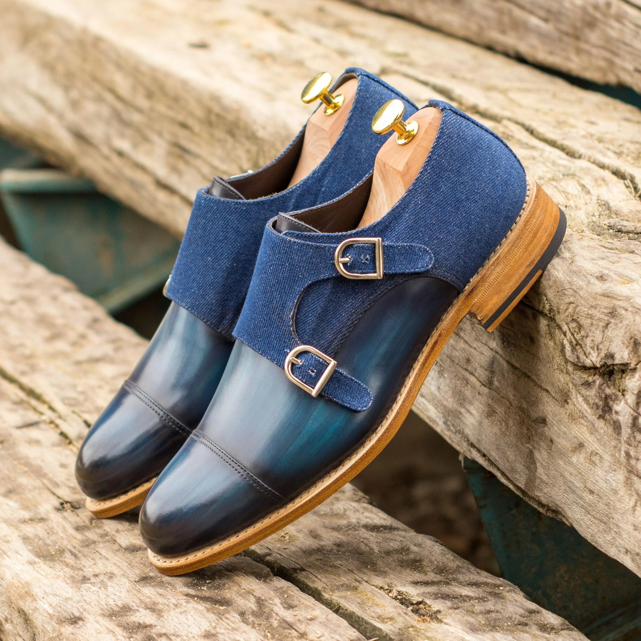 Blue leather and denim Wali Double Monk Patina II shoes with rounded toe design