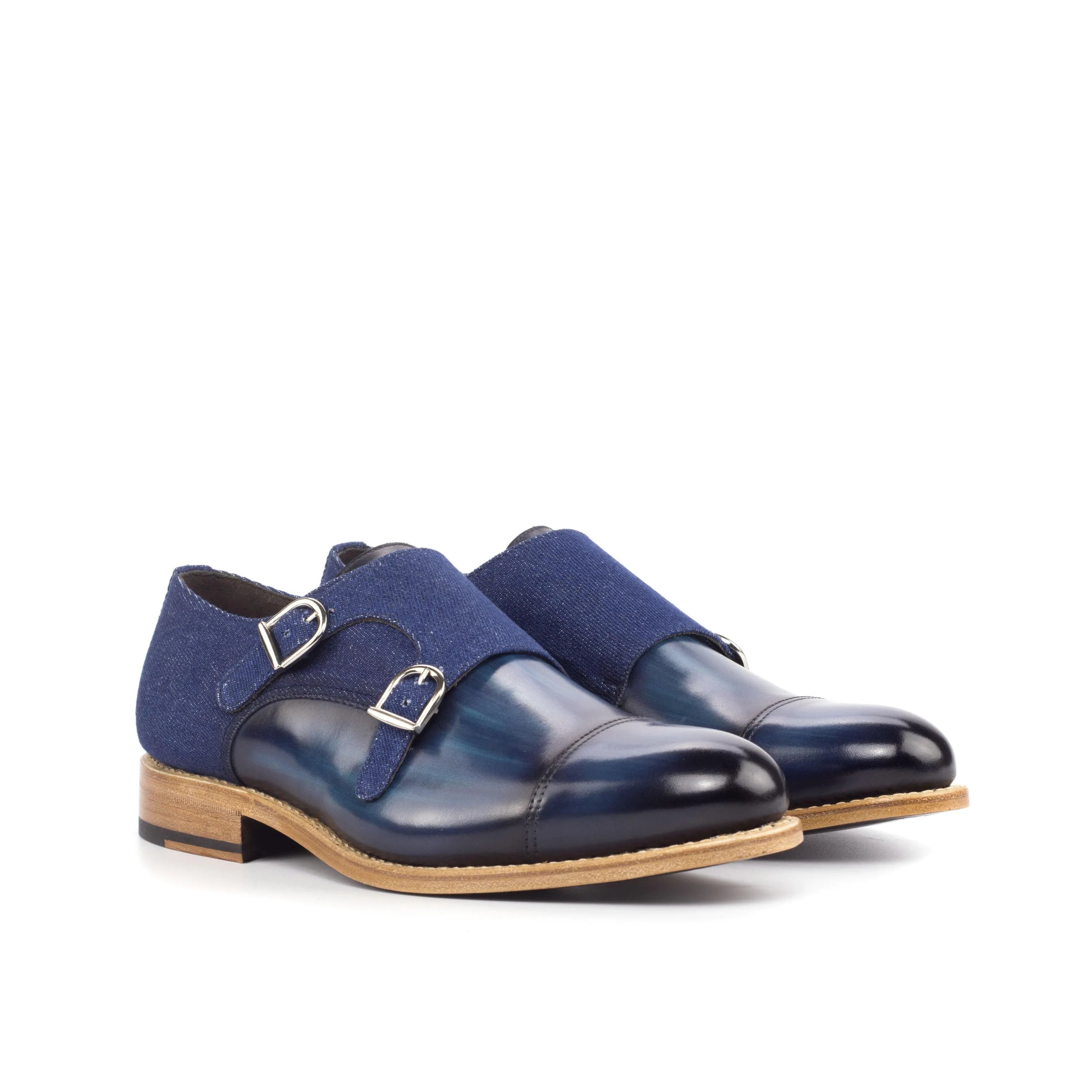 Blue leather Wali Double Monk Patina shoes available with rush shipping options