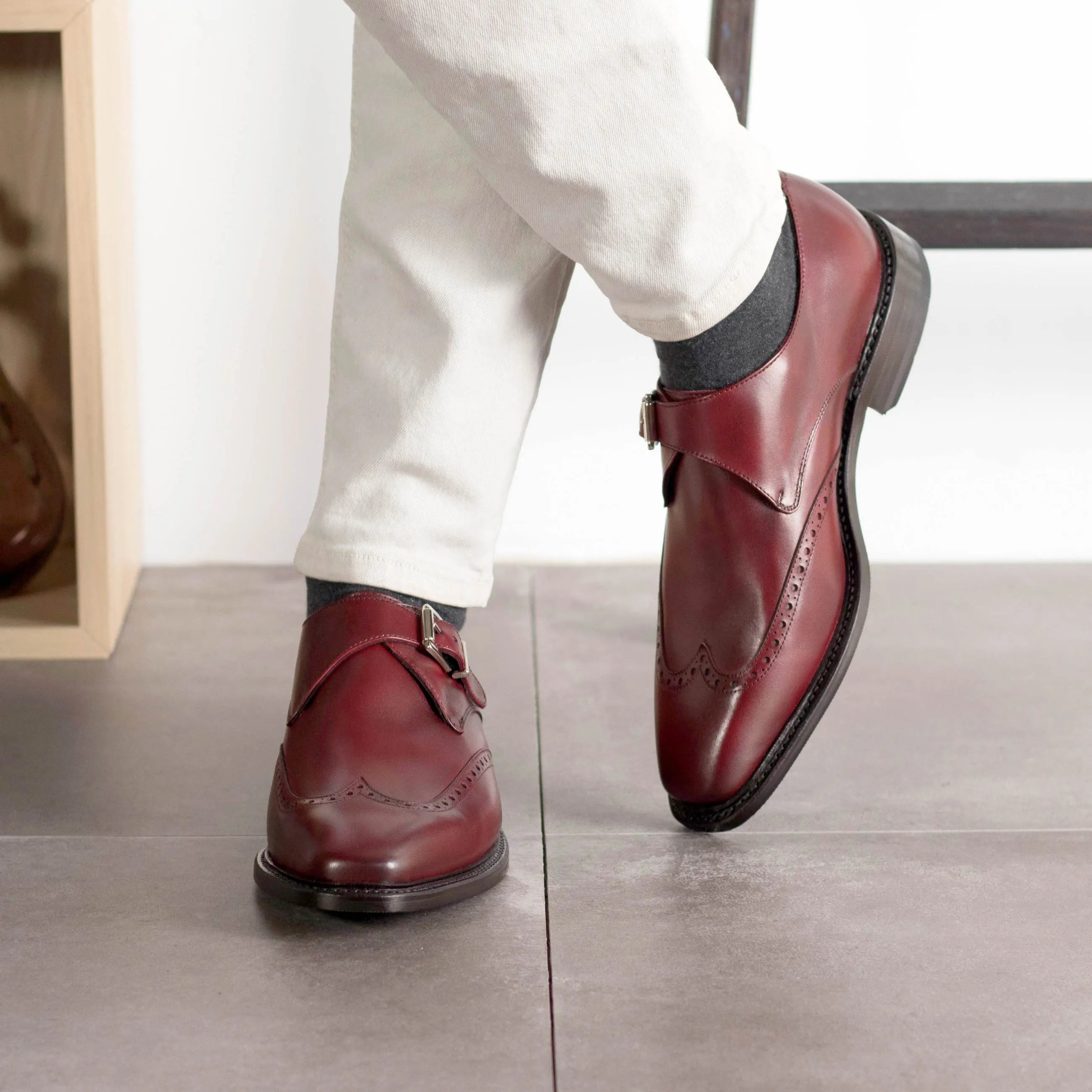 Burgundy leather monk strap shoes from Waz Single Monk for stylish business attire