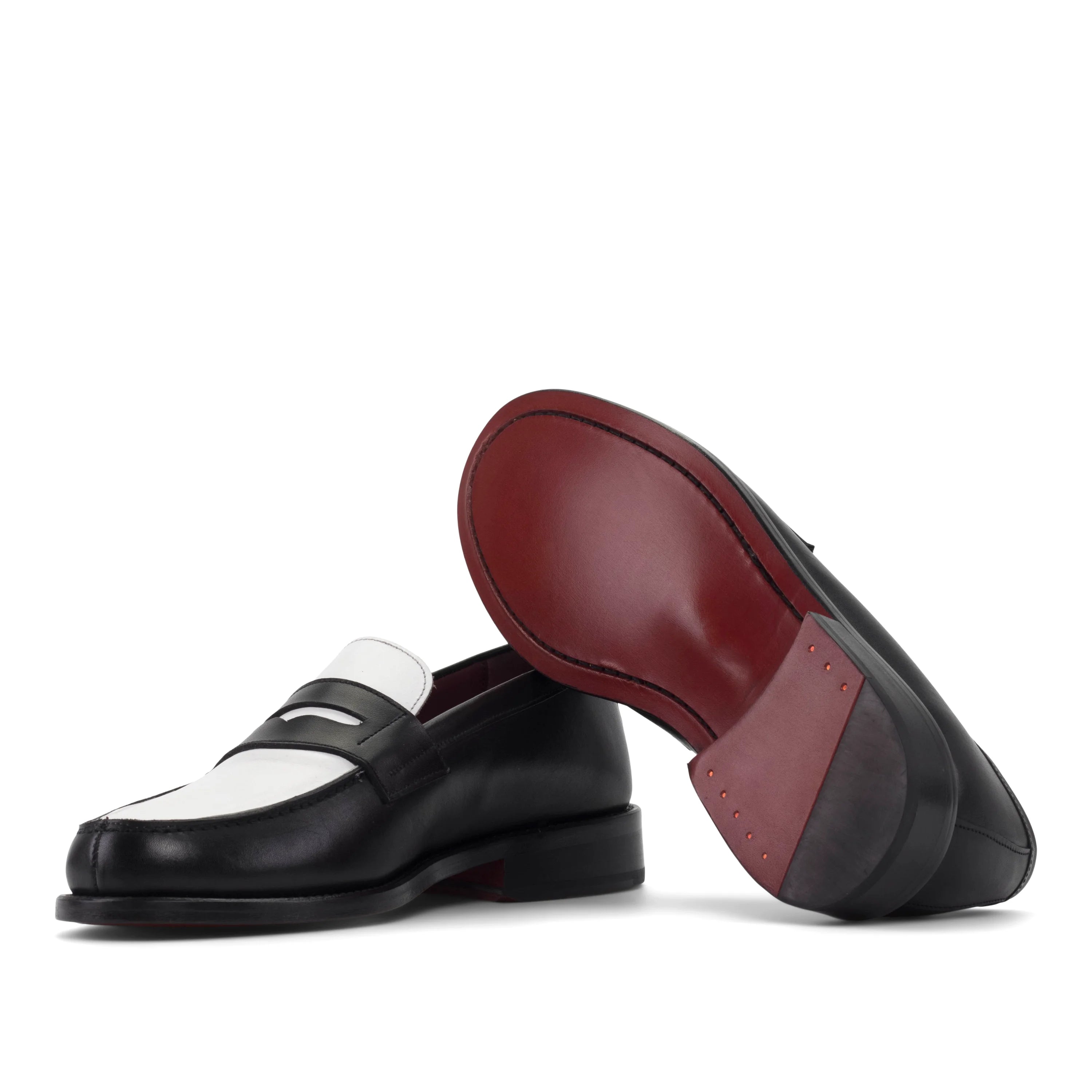 WednesdayOne penny loafers II in black and white luxe Italian calf leather with burgundy sole