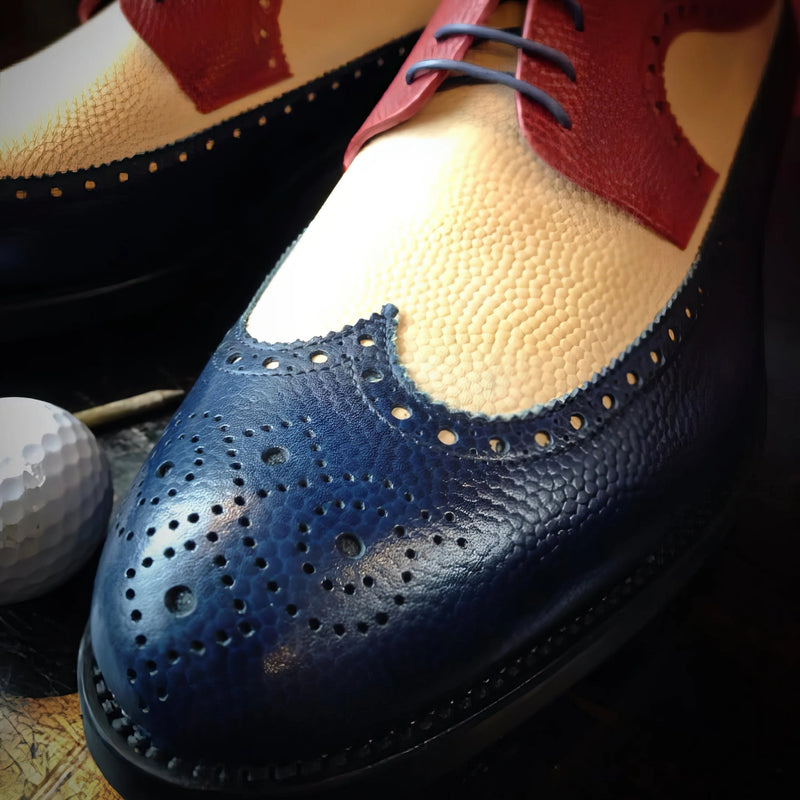 Navy blue pebble Italian leather Joseph Longwing Blucher golf shoe with red accents